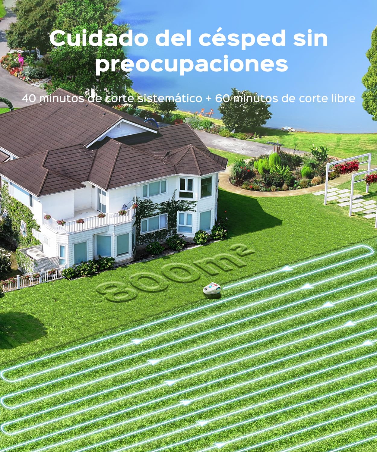 YARDCARE M800Plus Robot Cortacésped sin Cable Perimetral, Posicionamiento GPS + 3D Visión, Robot Cortacésped sin Cables, Modo de Corte en U,800 m², App, Detección de 150 Obstáculos, Blanco Turquesa