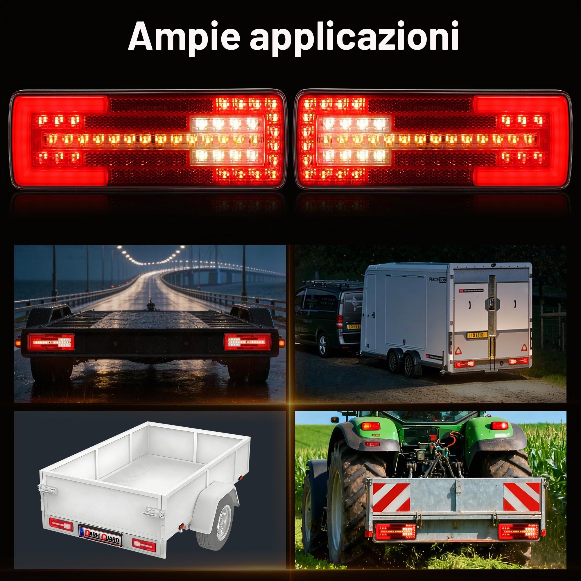 2 x Luci Posteriore a LED Lampada Fanali Posteriore LED 12V/24V Omologata E9 Impermeabile IP67 per Rimorchio Camion Furgone Trattore, 6-in-1 con Luci di Posizione Fendinebbia e Retromarcia