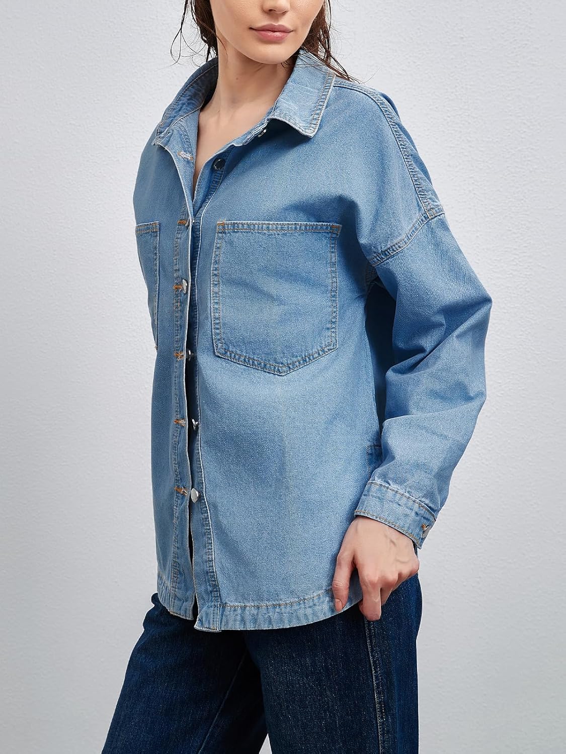 Women Denim Jacket Shacket Long Sleeve Oversize Boyfriend Jean Jacket Shirt - Image 6