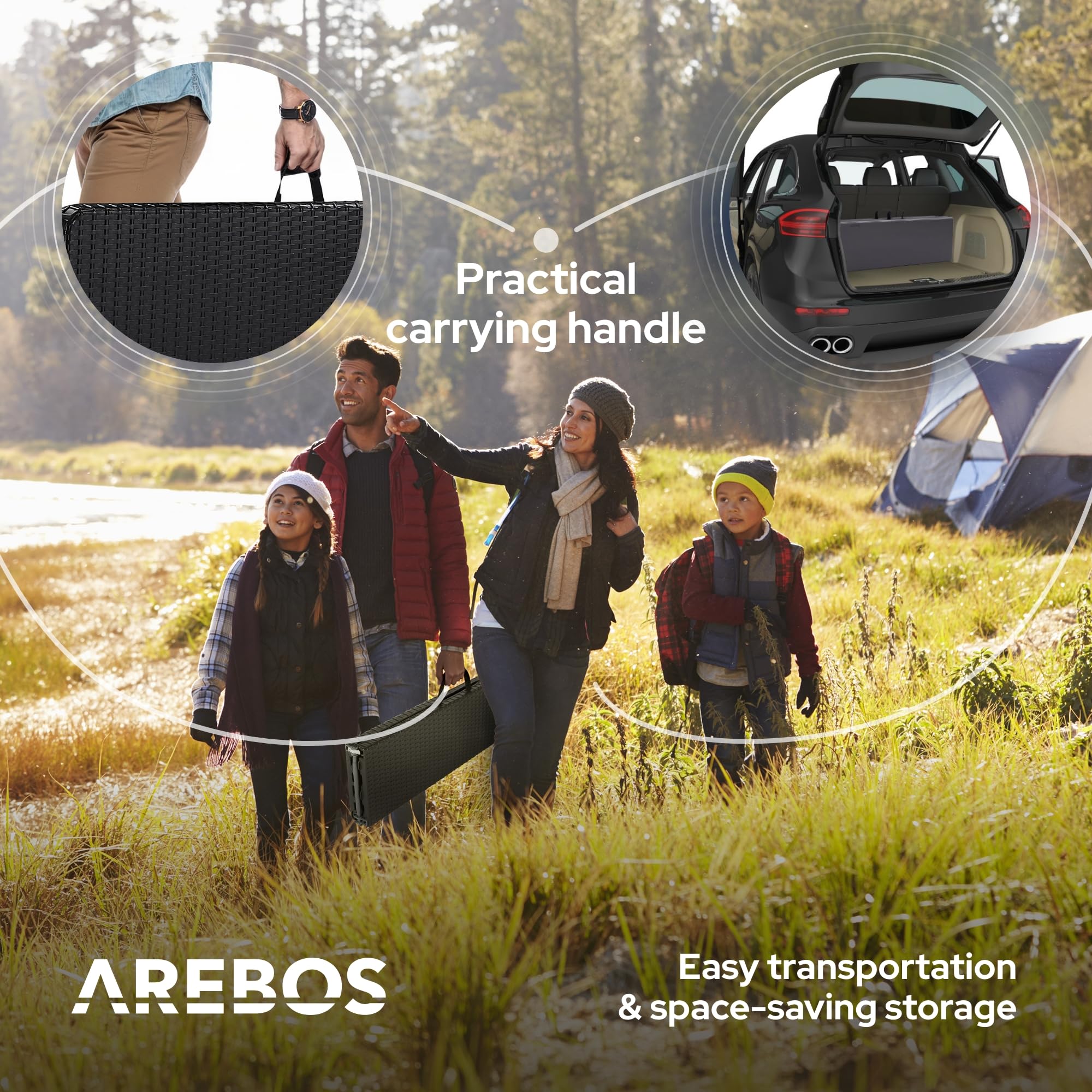 Arebos 2 panchine pieghevoli da birra, con maniglia per il trasporto, 183 x 28 x 43 cm, pieghevole, da campeggio, da giardino, da giardino, da giardino, da 2 pezzi, colore nero