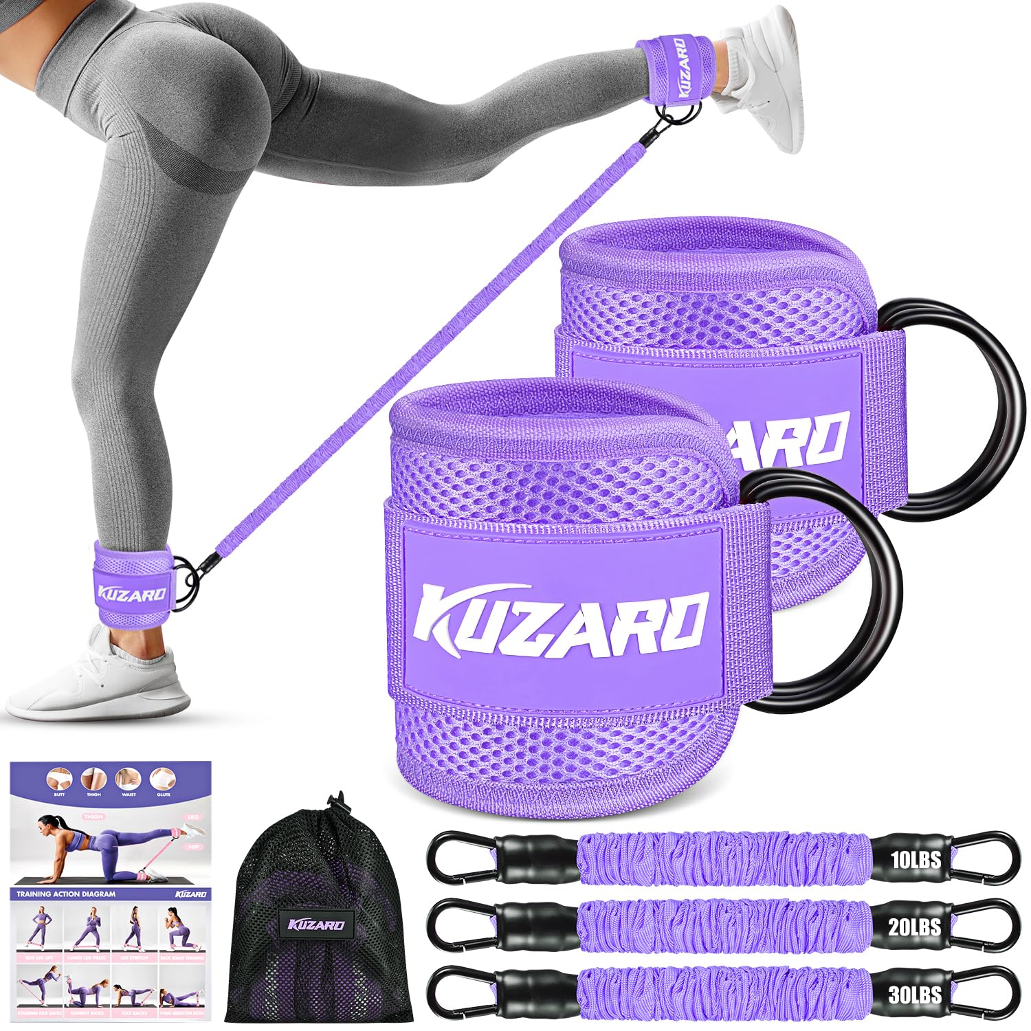 Resistance Bands Set with Ankle Straps, Glutes Workout Equipment, Ankle Weights Bands for Working Out, Butt Exercise Equipment for Women Legs and Glutes (Purple)