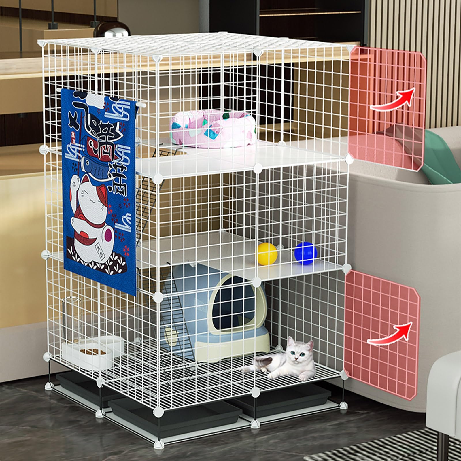Gabbia per gatti da interni, recinto per gatti e box con lettiera, design staccabile e pieghevole, facile da montare, gabbia per cani in filo metallico, amaca per gatti inclusa