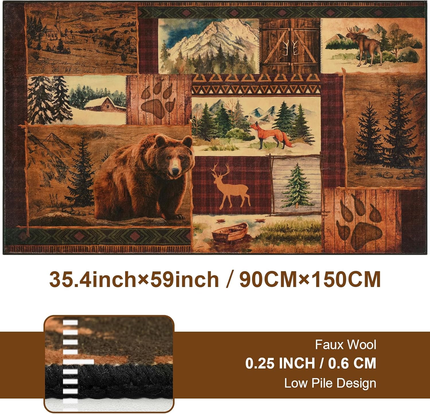 ASPMIZ 3x5 Rustic Area Rugs Non-Slip Washable — Buffalo Plaid Country Log Cabin Bear Deer Fox Design, Vintage Soft Faux Wool Throw Rug for Living Room Bedroom, Low Pile