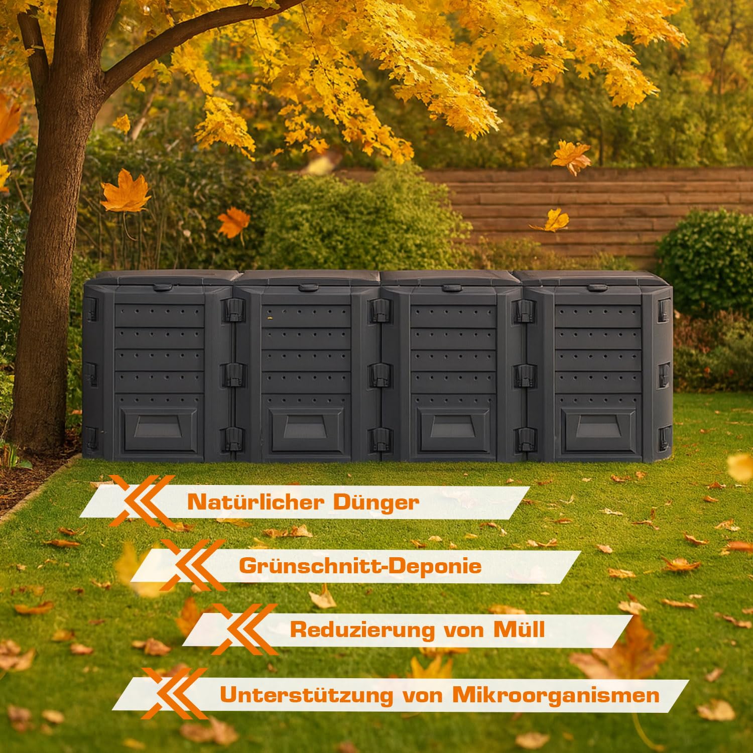 4 Kammer Komposter Garten Schnellkomposter Groß 1600L Schwarzer Kompostbeschleuniger mit Deckel & Klappe Bio Kompost aus Kunststoff zum Kompostieren