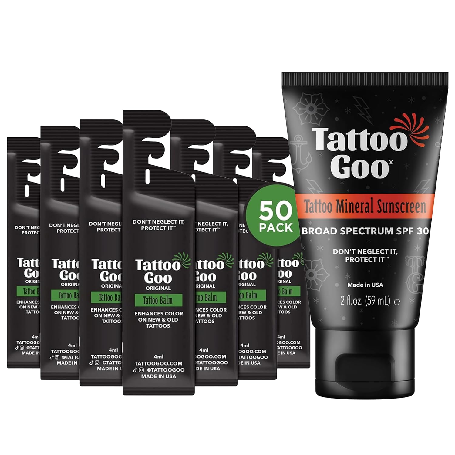 Tattoo Goo Zinc Oxide Mineral Sunscreen SPF 30 with Original Aftercare Balm Travel Packets Tattoo Fade Protection Broad Spectrum UVA UVB Protection Natural Healing and Moisturizing Care