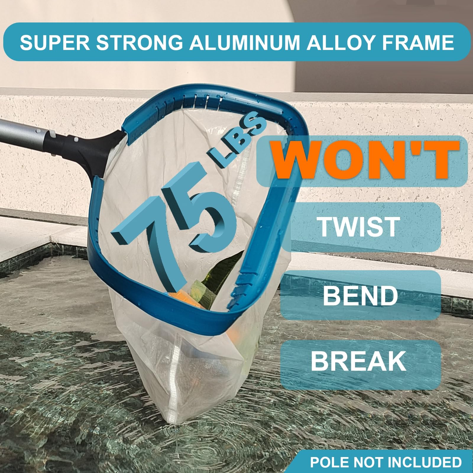 POOLWHALE Poolkescher – Professioneller 50,8 cm großer Laubkescher, Aluminiumrahmen, tiefer Nylonbeutel, ultrafeine Netznetze zur Reinigung von Blättern, Sand, Pollen, feinstem Schmutz (ohne Stange)