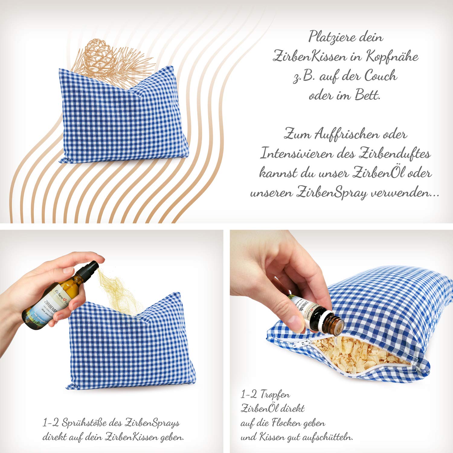 Zirben Familie - Conocido en el comercio especializado y la hostelería • Cojín de pino a cuadros azules • Cojín decorativo suave y aromático de 30 x 20 cm • Cojín decorativo relleno