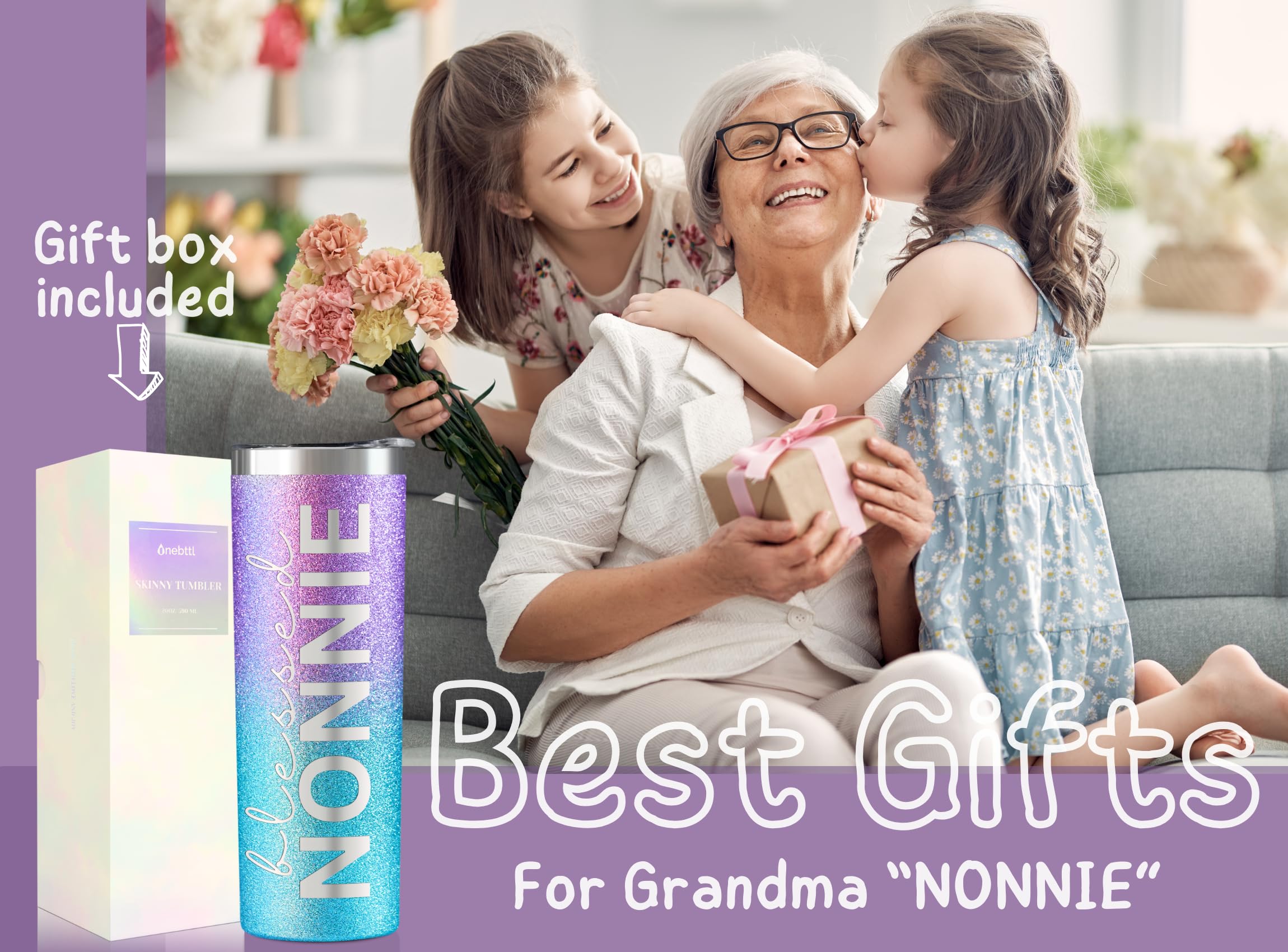 Onebttl Nonnie Gifts for Grandma's Mother's Day, 20oz Purple & Blue Glitter Skinny Tumbler, Straw & Lid Included, Christian Gifts for Blessed Nonnie