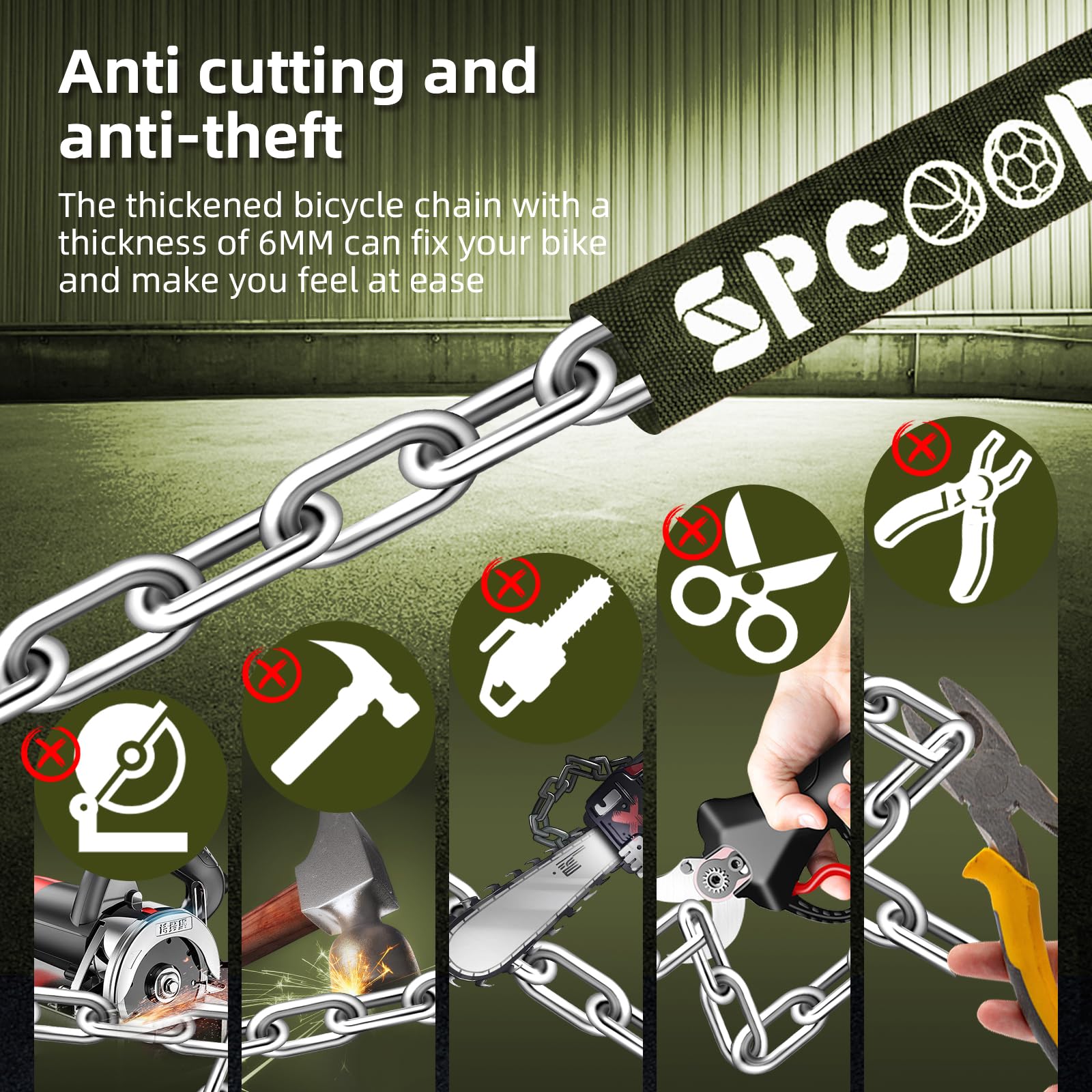 SPGOOD Lucchetto per bicicletta con 3 chiavi, 90 cm in catena in acciaio da 6 mm, con copertura impermeabile, antifurto, ad alta sicurezza per bicicletta, e-bike, MTB, moto(Verde oliva chiaro)