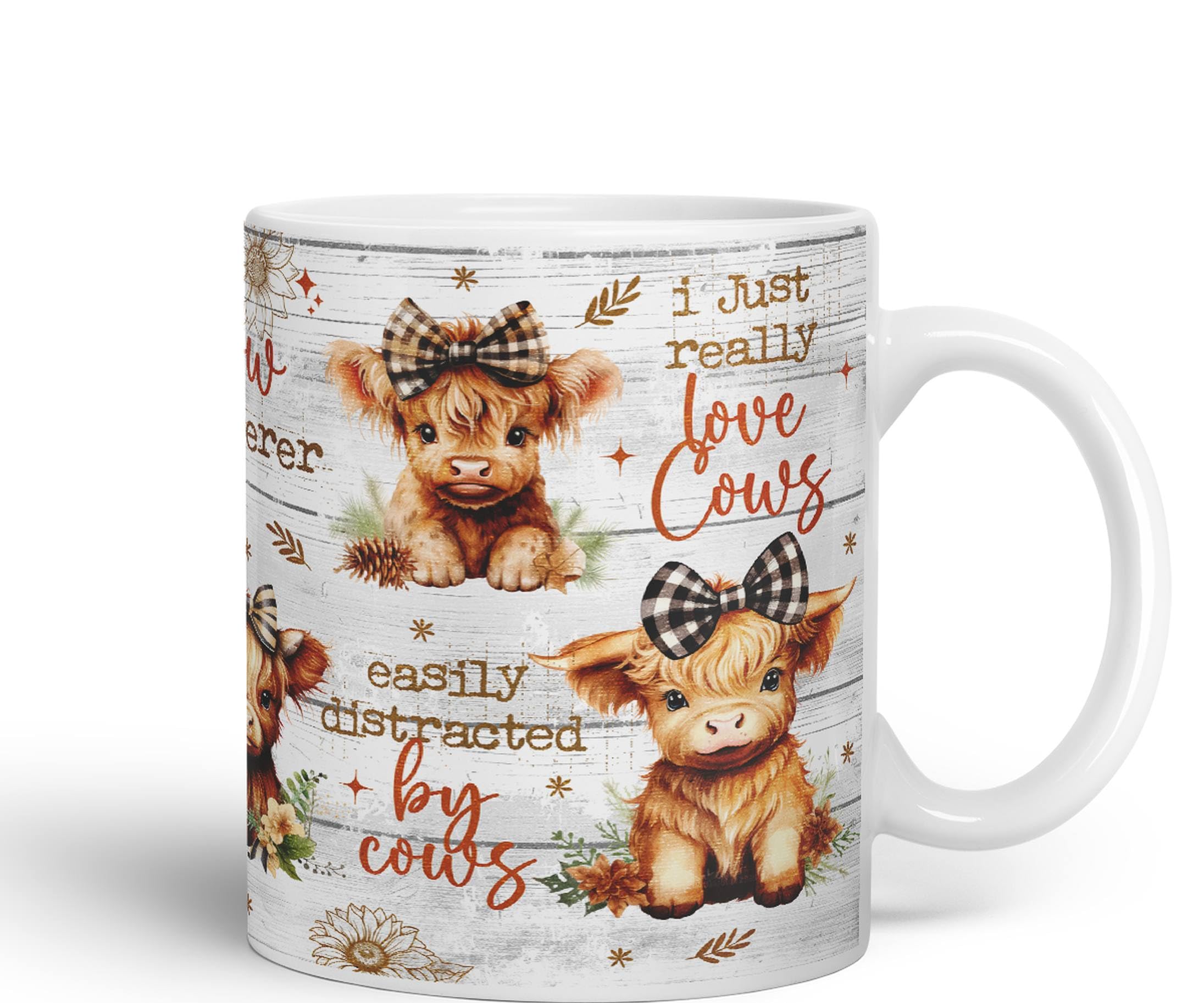 Vixar Easily Distracted by Baby Cow Whisperer I just Realy Love Cow Highland Scottish Farm Animals Ceramic Coloured Mug Cup for Tea Coffee Hot Brew 330ml 11Oz Gift (White) - Image 2