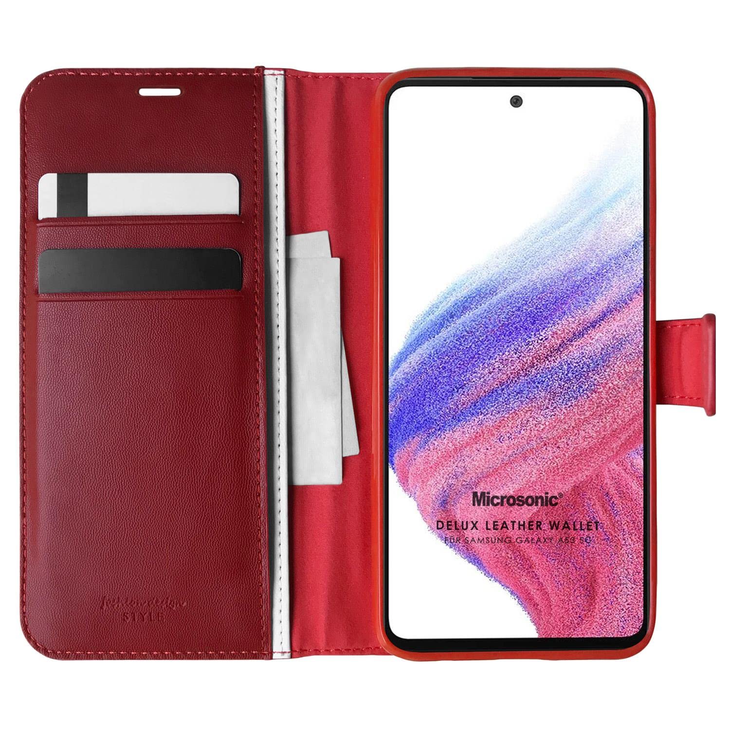 Microsonic Samsung Galaxy A53 5G için Kılıf Delux Leather Wallet Kırmızı [Galaxy A53 5G ile Uyumlu Kılıf - Kırmızı]