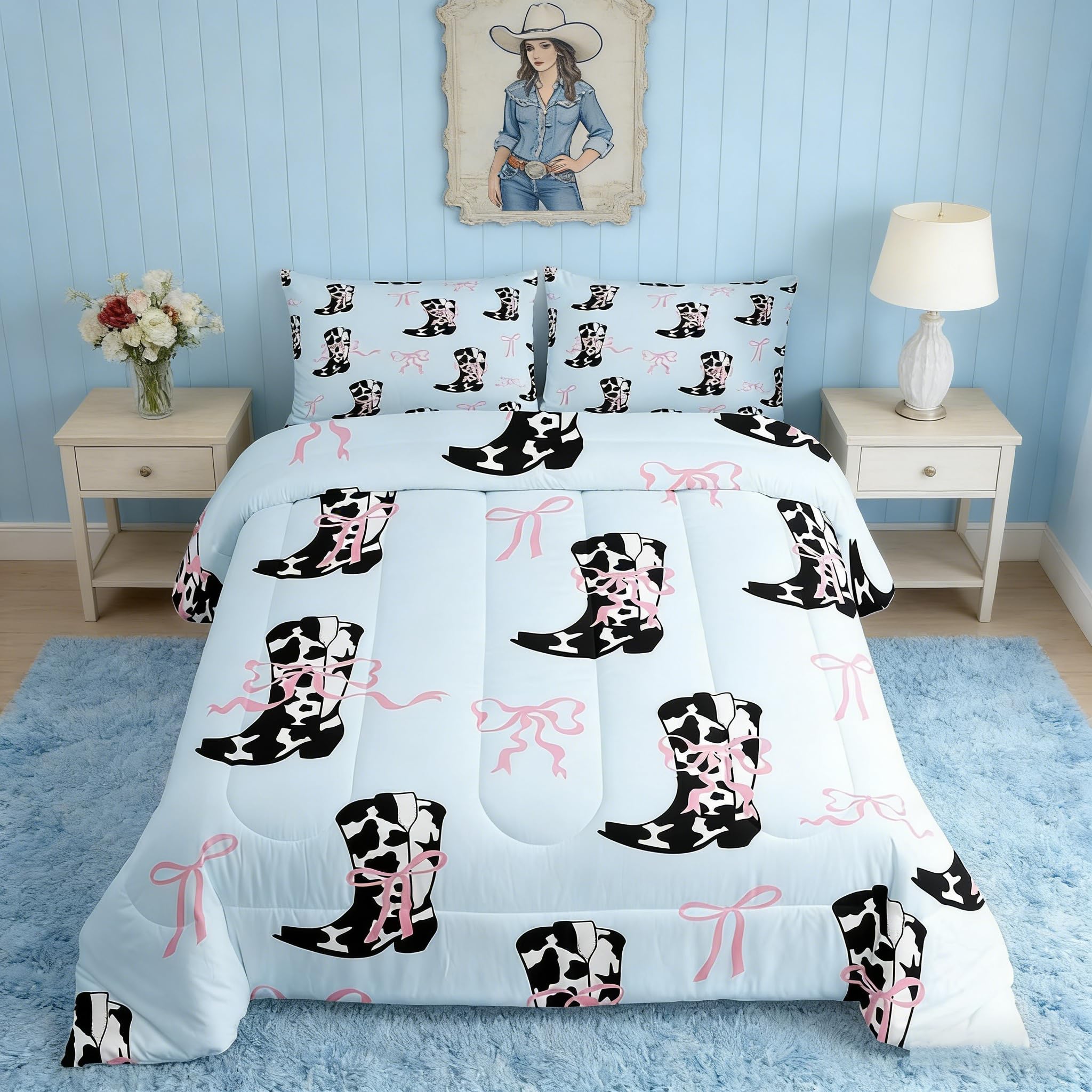 Couette en duvet bleu imprimé vache et nœuds roses Manfei pour lit double enfant