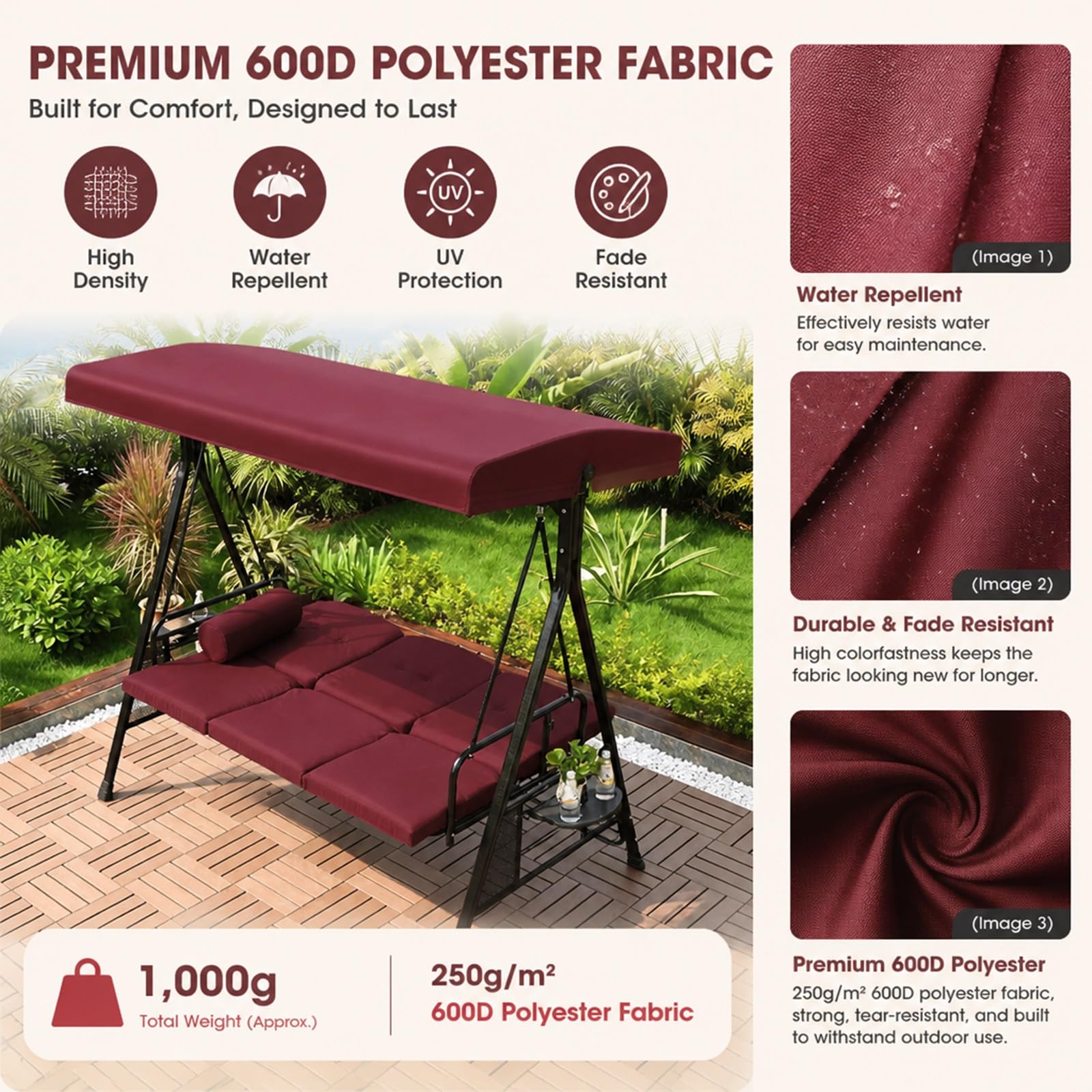 Toldo de Repuesto para Columpio de Jardín Exterior | Protección solar, tela 250g/m² antidesgarro, reemplaza toldos desgastados, estructura no incluida(Brown,198*125*21*16cm)