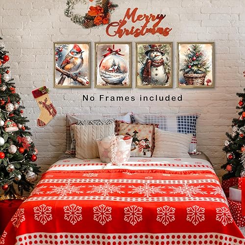 Miniatura 5 de XUNLURY Juego de 4 impresiones artísticas de pared rojas de Navidad sin marco, decoración de pared retro de Navidad, rústico, cardenal, pájaro rojo,