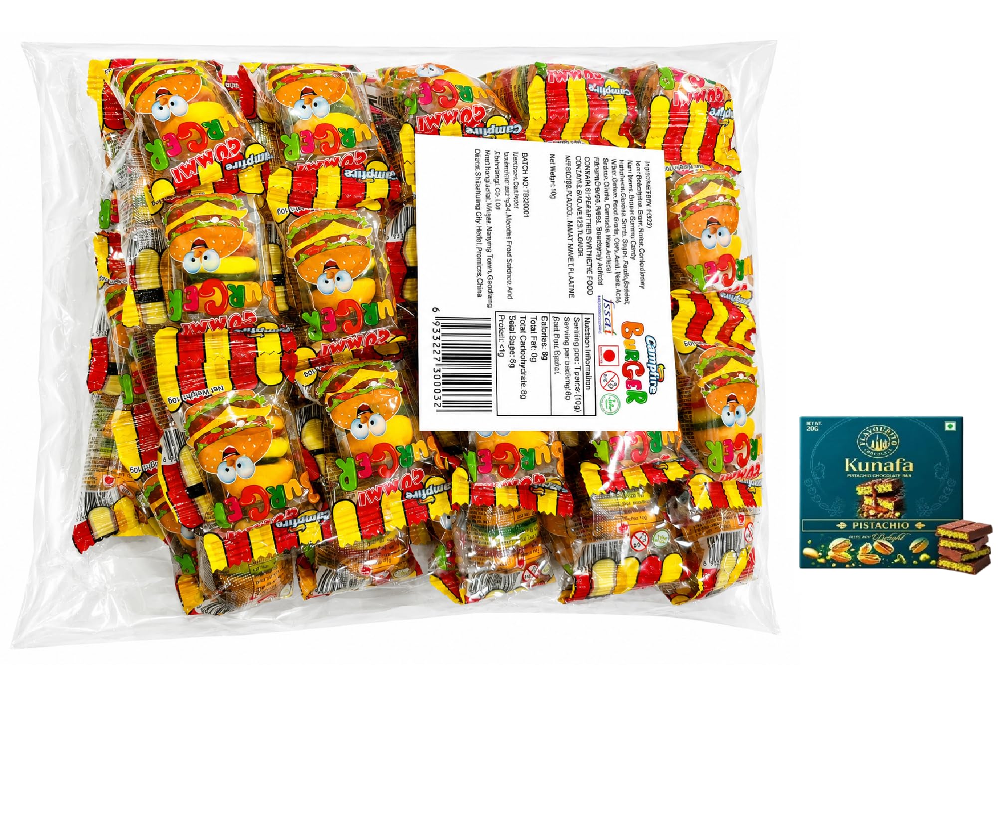 Campfire Gummy Burger Candy, Soft & Fruity Gummy Treats, Individually Wrapped, 10g Each, Bulk Pack 480g,Get Free Flavourito Kunafa Pistachio Chocolate Bar, 20g By Decadent Foods,(Imported-China)-image-5