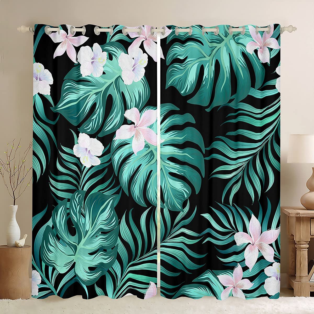 Tbrand Tropical Leaves Room Curtain Palm Leaves Botanical Floral Curtain for Bedroom for Kids Women Adults Blossom Flowers Curtain Green Plants Drapes,W46*L72
