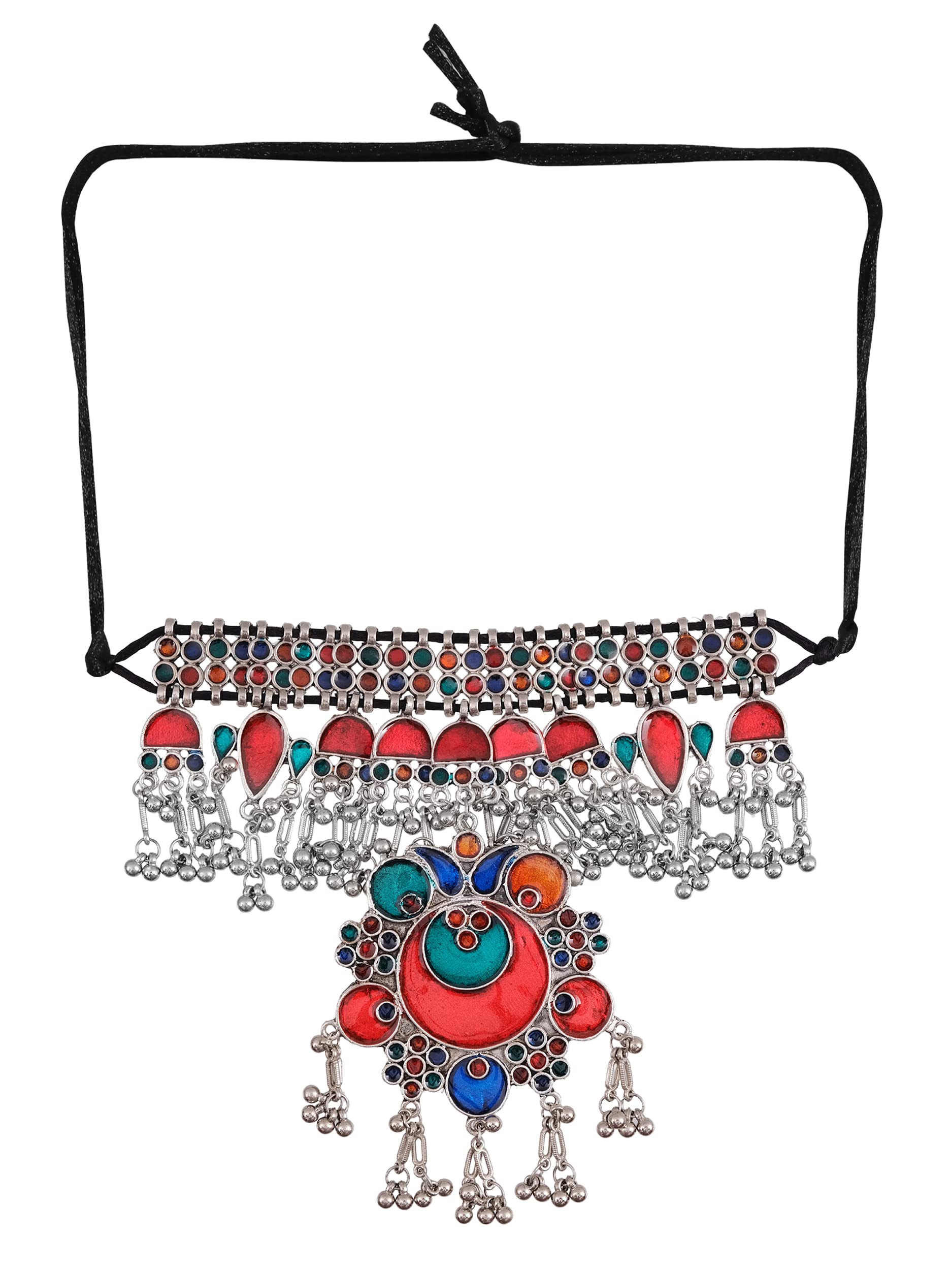 Bollywood Traditional Indian Bohemian Style Afghani Oxidised Silver Statement Choker Tassel Necklace for Women