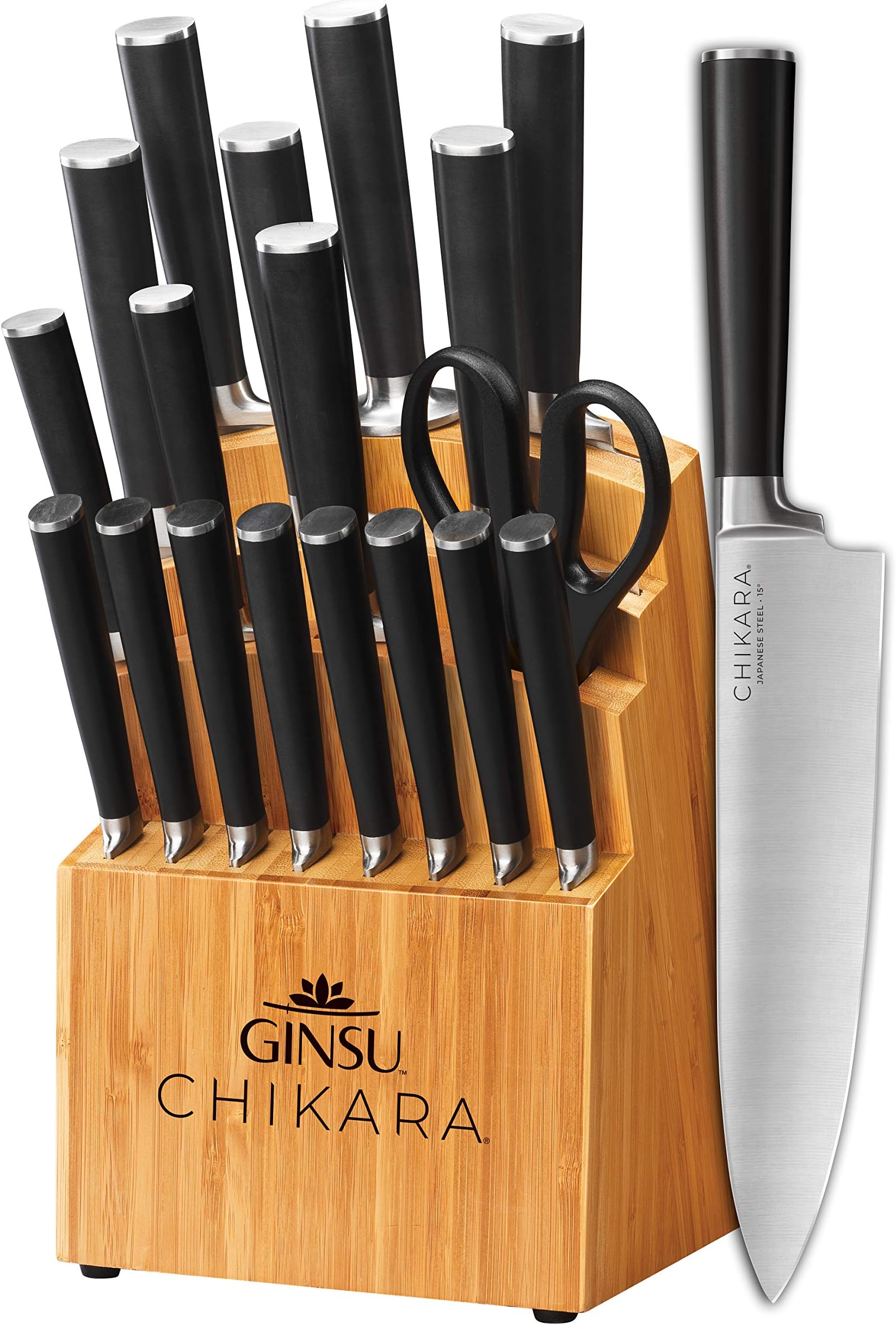 Ginsu Gourmet Chikara Series Forged 19-Piece Japanese Steel Knife Set - Cutlery Set with 420J Stainless Steel Kitchen Knives - Bamboo Finish Block, 07133DS