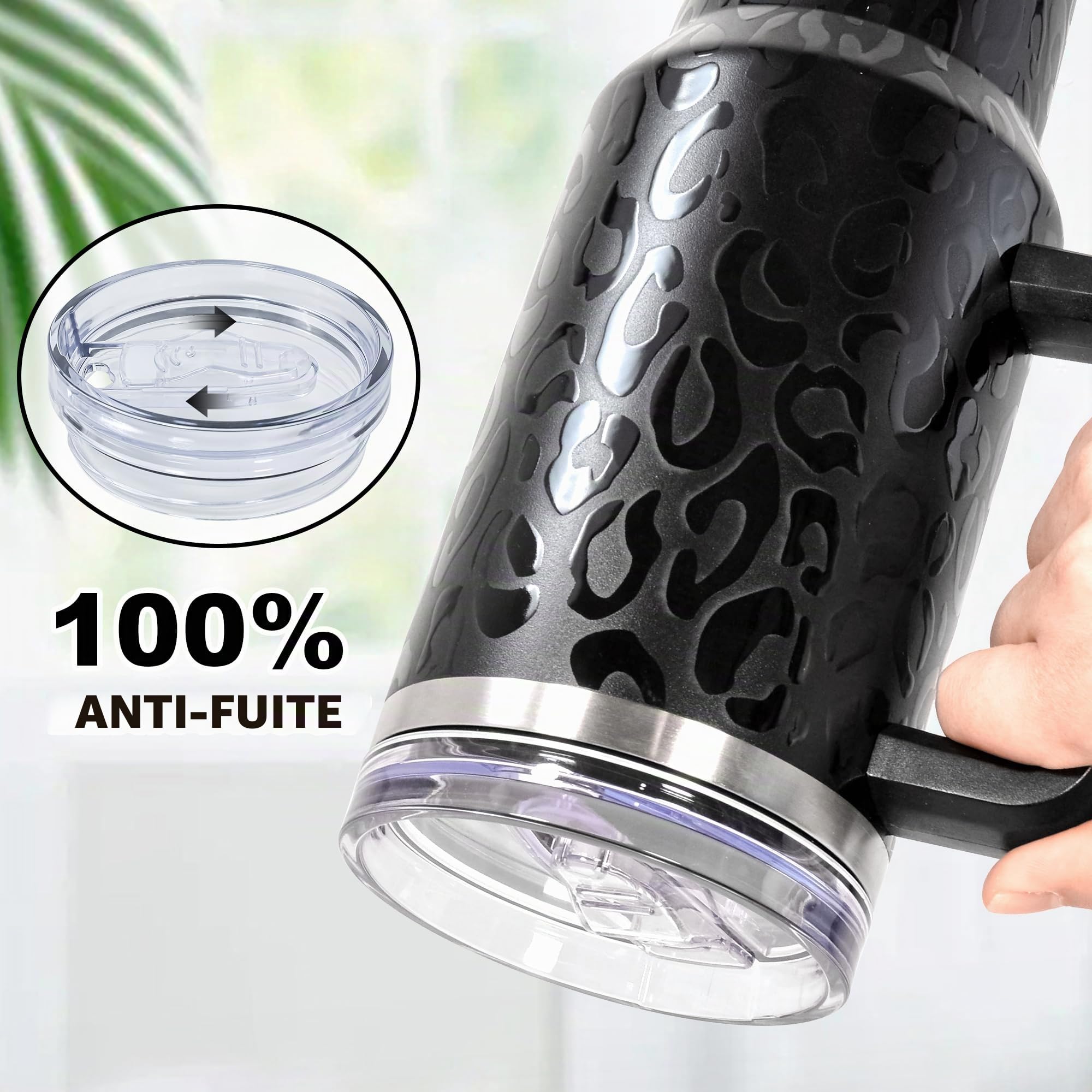 Mug Isotherme avec Paille et Poignée 1.2L, Tasse Isotherme 100% Anti-fuite, 34 Heures Froid, 12 Heures Chaud, Gobelet en Acier Inoxydable, Léopard Tout Noir