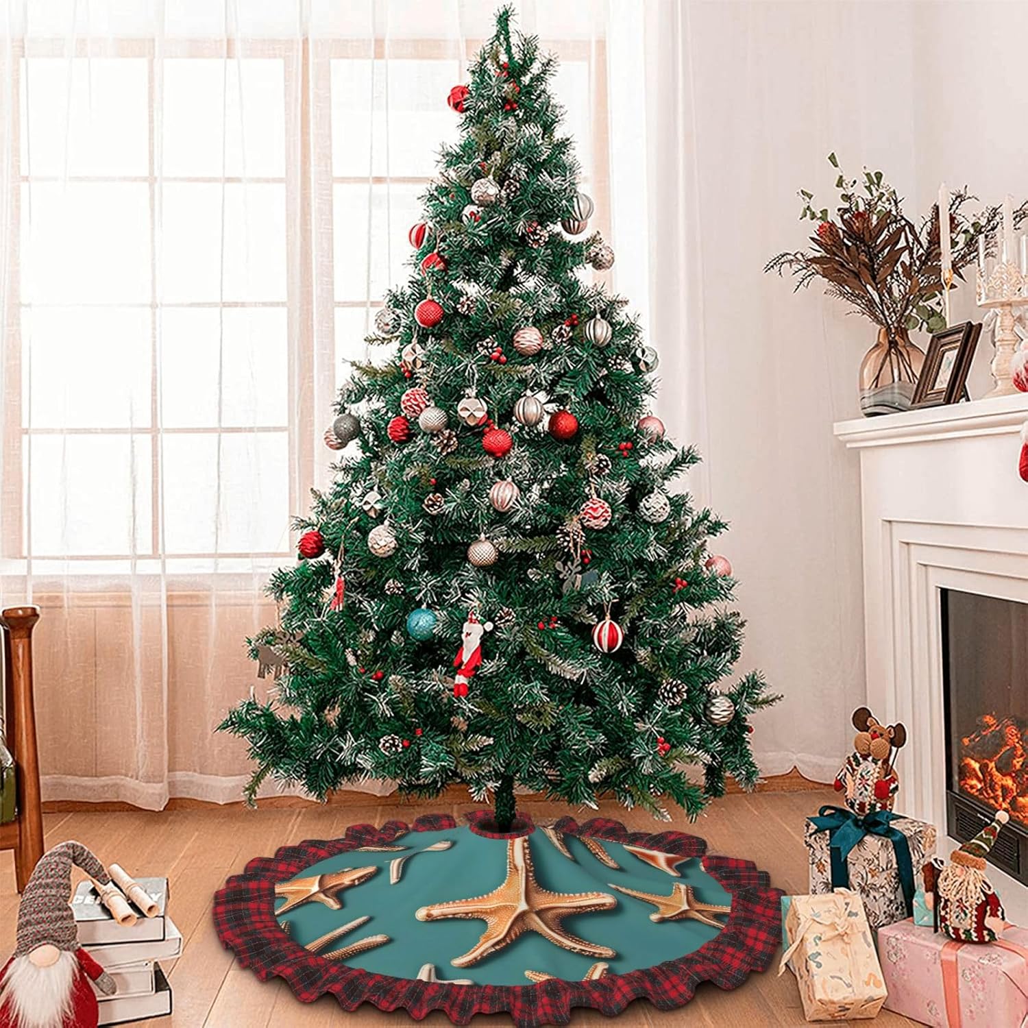 Sea Shell Starfish 36 Inches Christmas Tree Skirt with Red and Black Plaid Border Tree Skirt Decor for Xmas Decorations