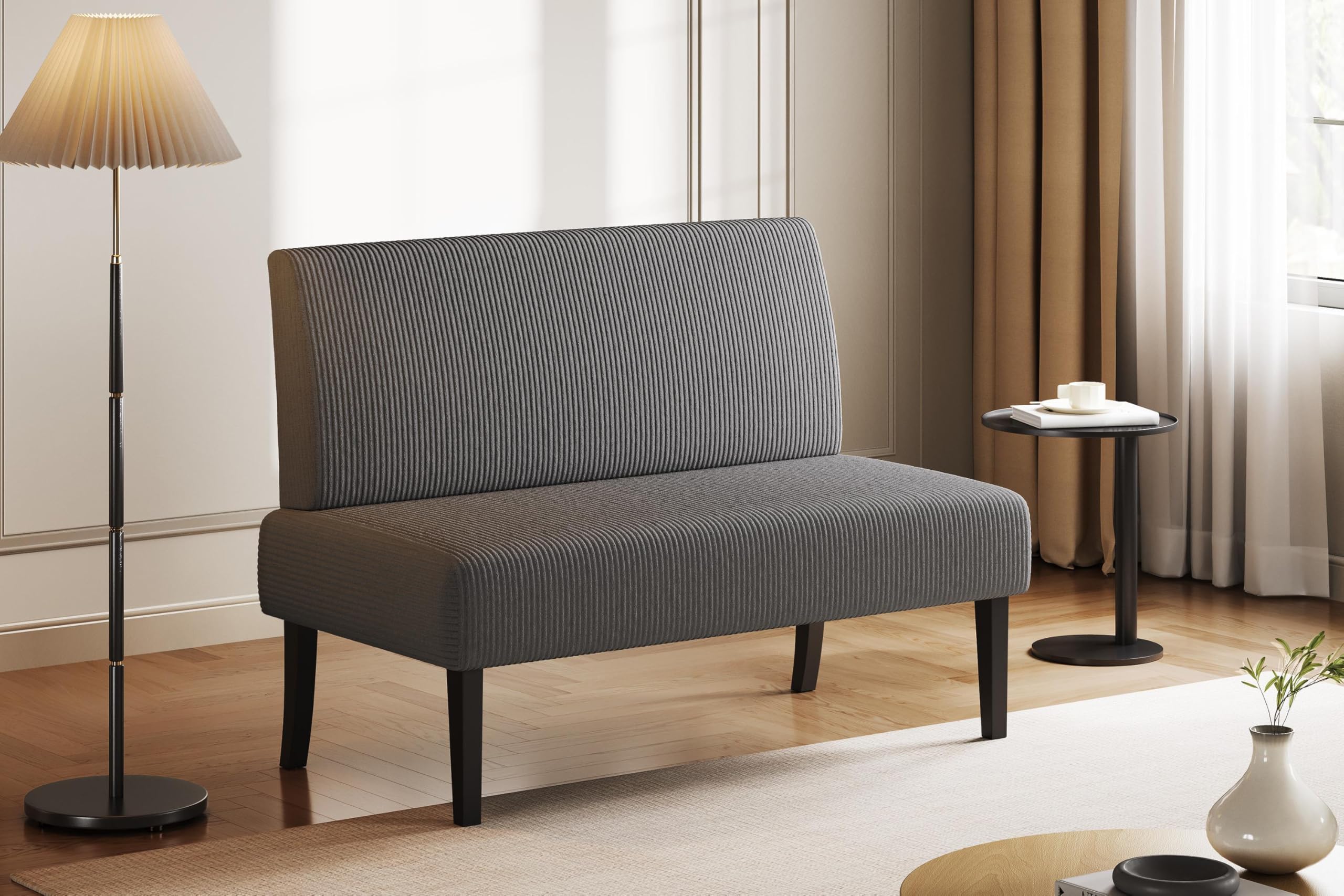 Yaheetech Fabric Small Sofa with Mid-Height Back, 2 Seater Clean-Lined Loveseat Couch with Solid Wood Legs, Versatile Modern Seating for Restaurant, Cafe, Living Room, Dining/Shoe Bench, Grey