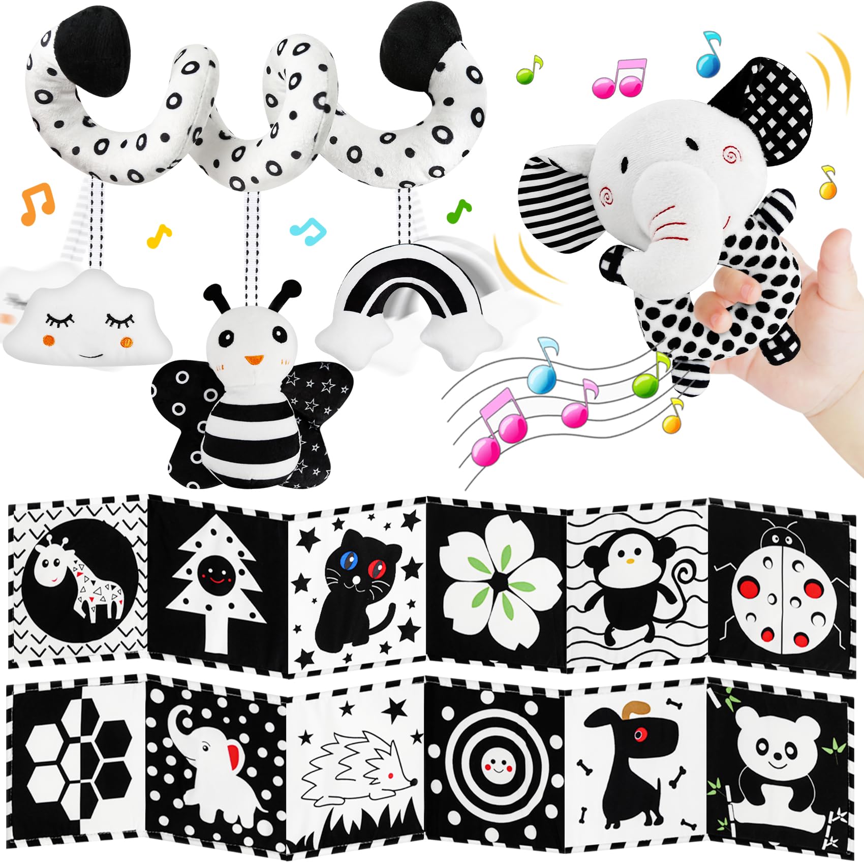 Baby Shower Gifts,Black and White High Contrast for 0-6 Months Newborn,Car Seat Toys &Baby Hanging Rattle Toys Soft Cloth Book for Crib Mobile Brain Development Infant Toys Baby Boys Girls