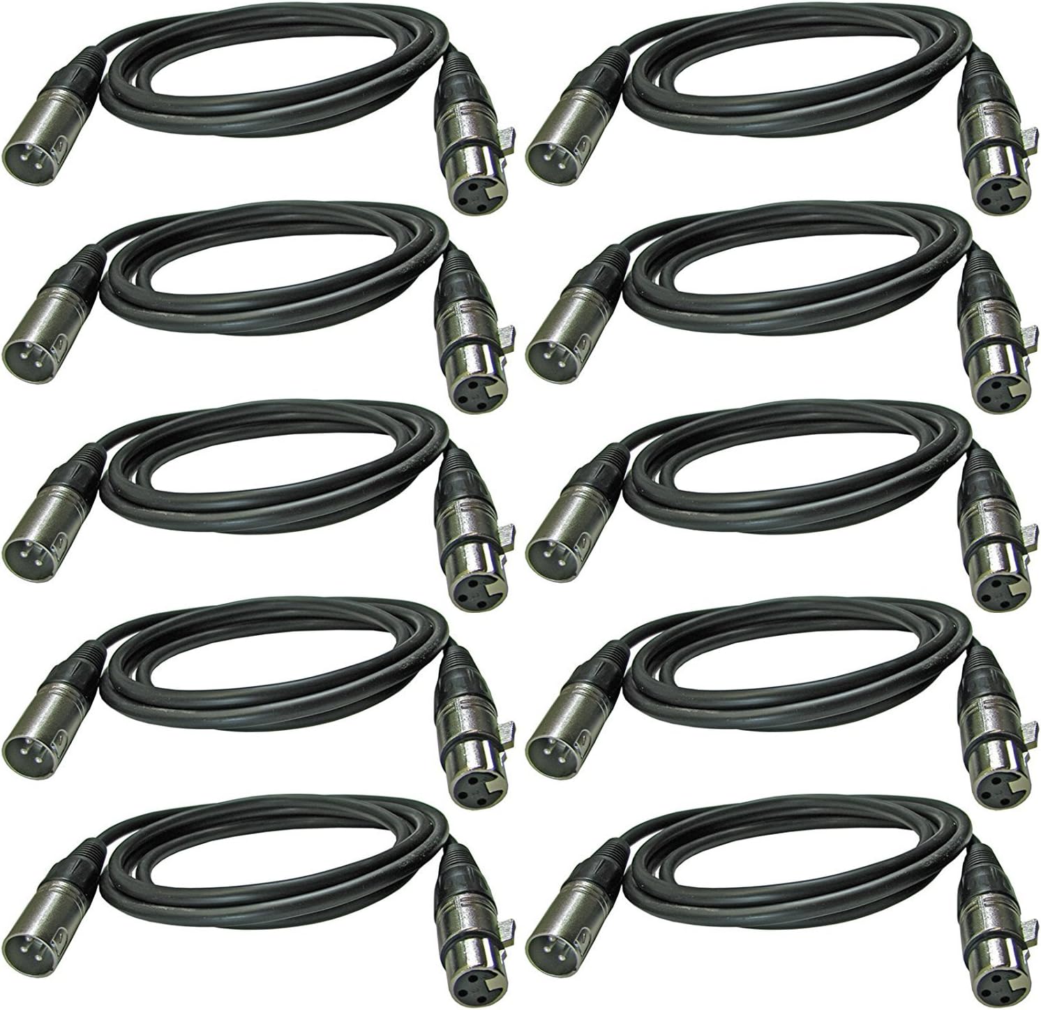 10 Pack of 3 Foot XLR Male to Female Mic Cord Microphone