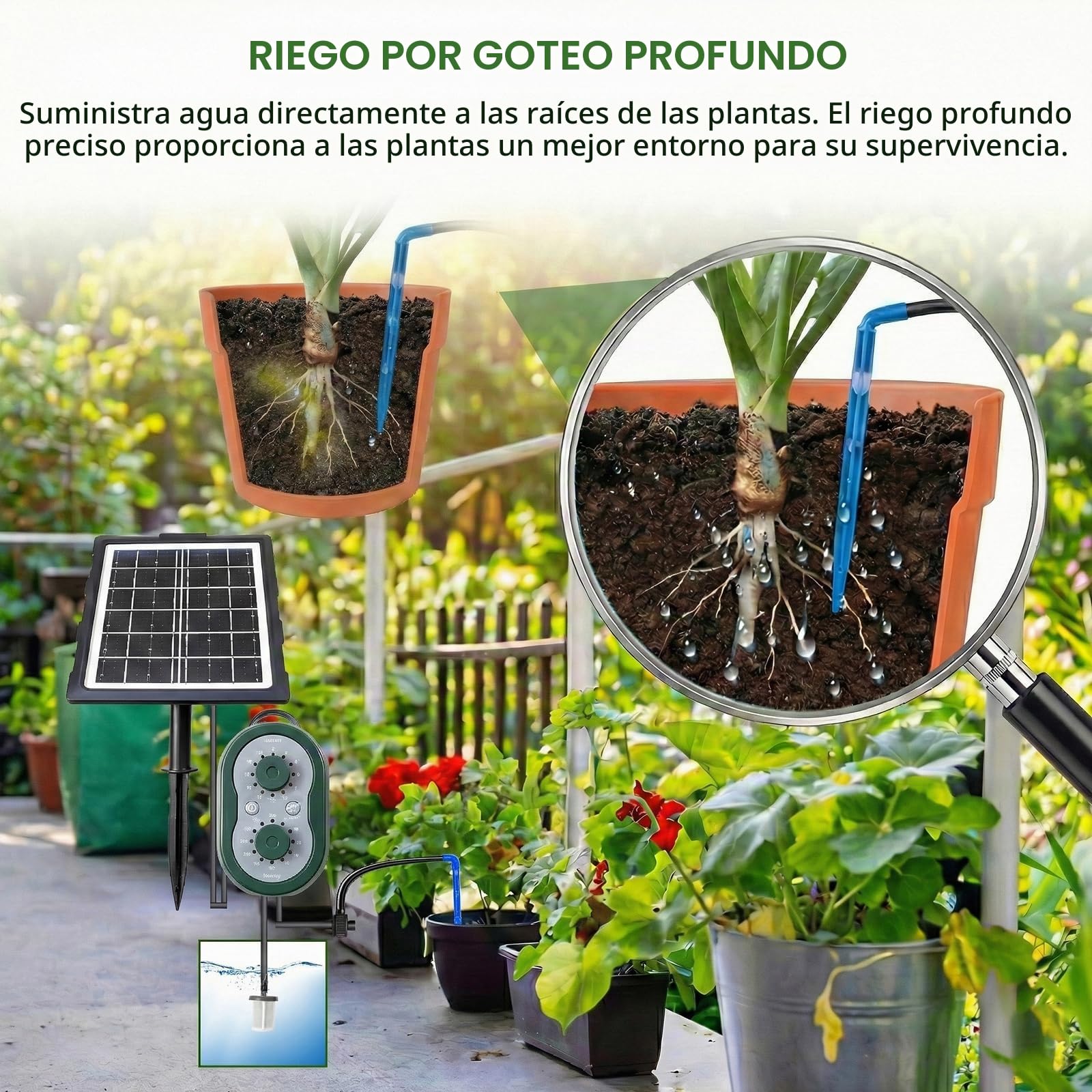 Sistema de riego solar para macetas, sistema de riego automático con carga USB, equipado con una manguera de 15 m y modos de riego personalizados, ideal para jardines, balcones e invernaderos