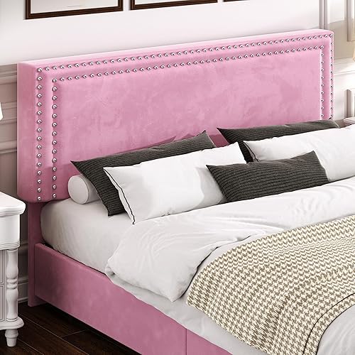 Miniatura 110 de VECELO Base de cama de tamaño matrimonial con cabecera tapizada ajustable, plataforma de listones de madera, diseño sin ruido, fácil montaje Negro