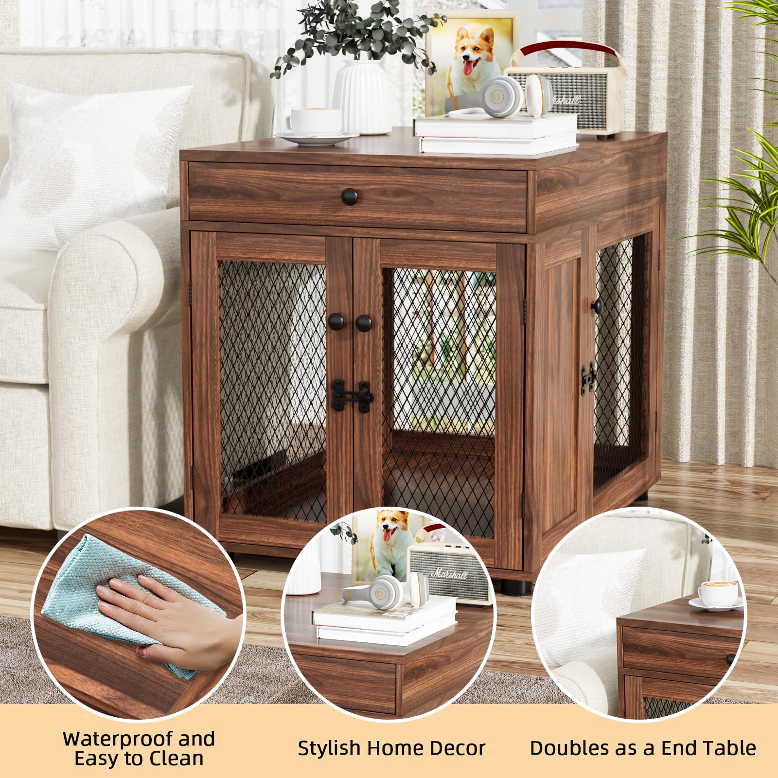 VOWNER Mobili per Cuccia per Cani, Gabbia in Legno a 3 Ante con Cassetto, Cuccia Moderna con Tavolino, 60 x 80 x 69 cm, per Cani di Piccola/Media Fno a 30 kg, Marrone Noce