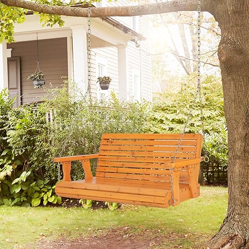 Miniatura 3 de Tangkula Columpio colgante para porche para 2 personas, columpio de banco al aire libre con cadenas ajustables, respaldo alto, reposabrazos