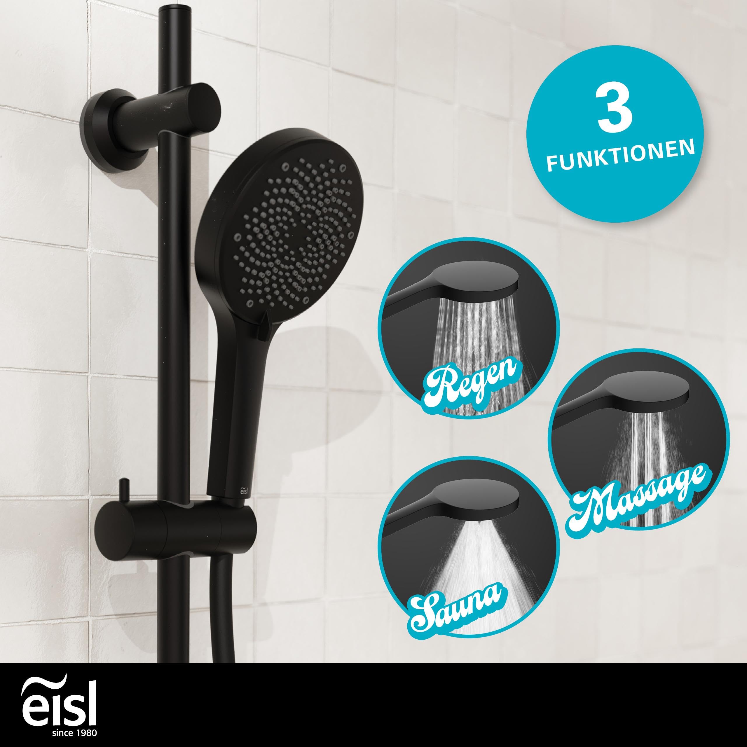 EISL DX7076CSB STILO Brausestangenset, Duschset mit Brausestange 70 cm, Duschbrause mit Schlauch und Halterung, Duschkopf mit 3 Funktionen, Duschstange mit Brause, Schwarz