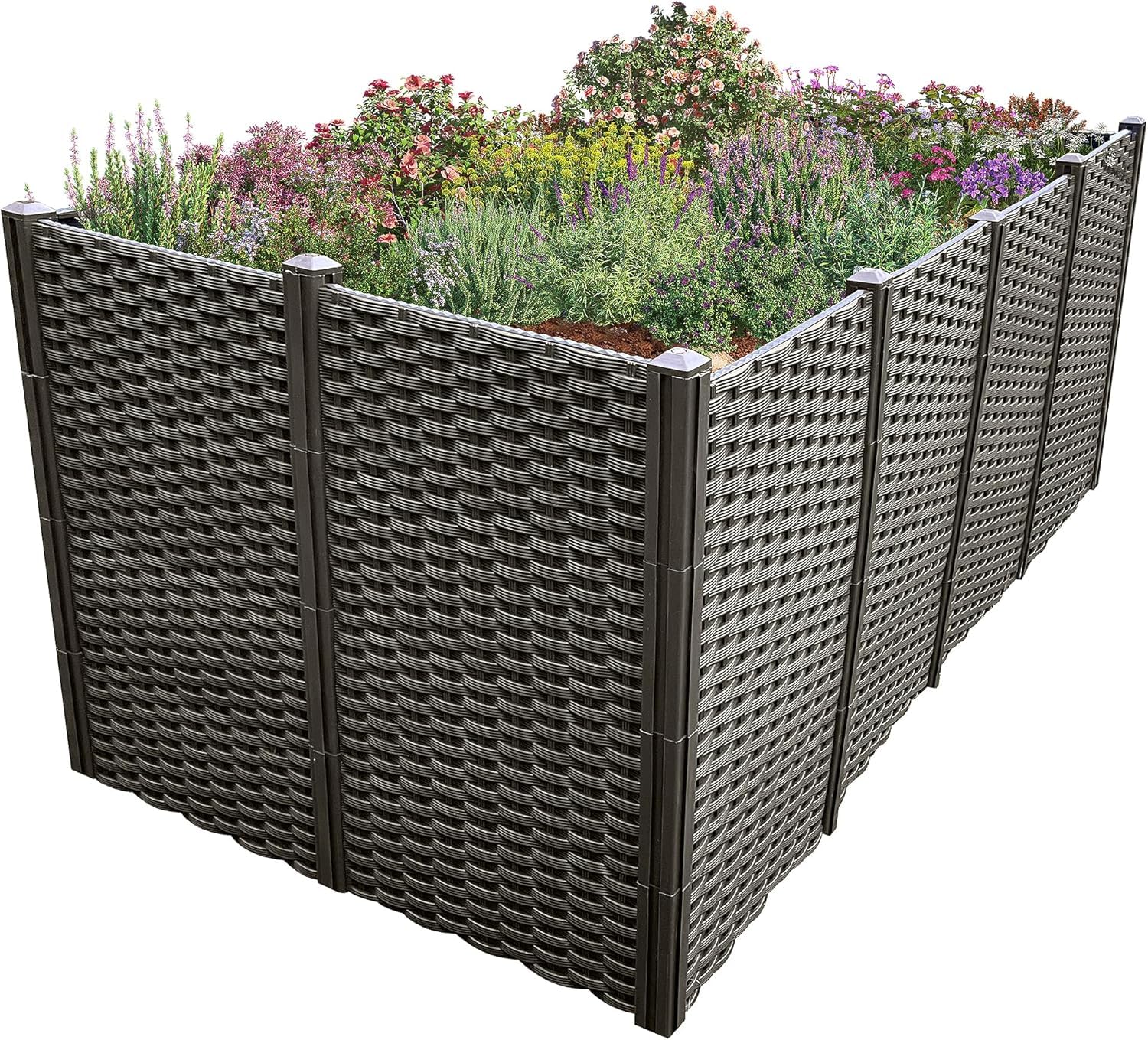 WIELS® Modulares Hochbeet für Garten, Rattan-Optik, 148 x 76 x 60 cm, Schwarz - Dunkelbraun, Pflanzbeet Frühbeet Gartenbeet Gemüsebeet Blumenbeet Kunststoff Plastik HDPE