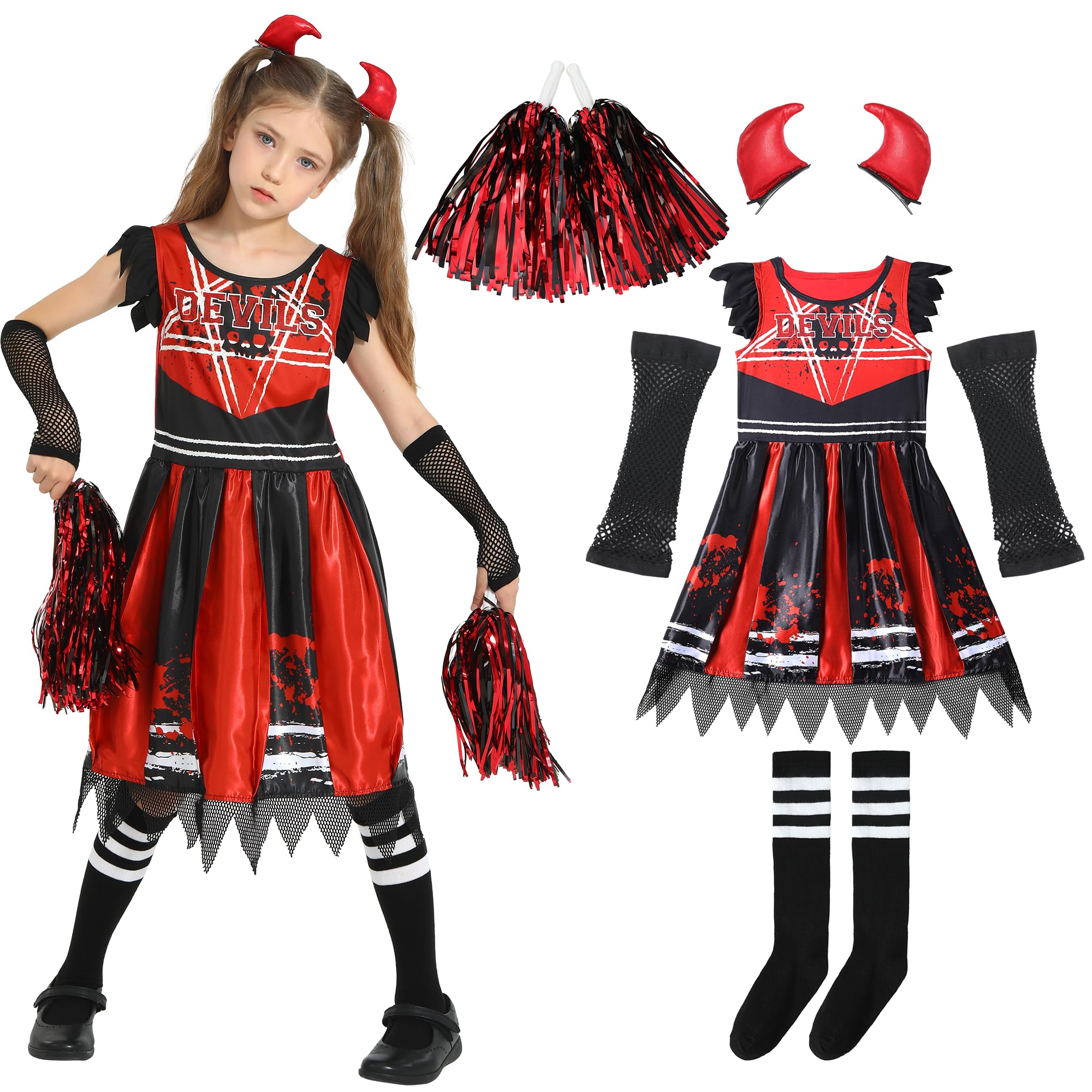 Sincere Party Zombie Cheerleader Costume Zombie Devil Dress with Pompom,Tights,Fishnet Gloves,Devil Horns Clips L(8-10)