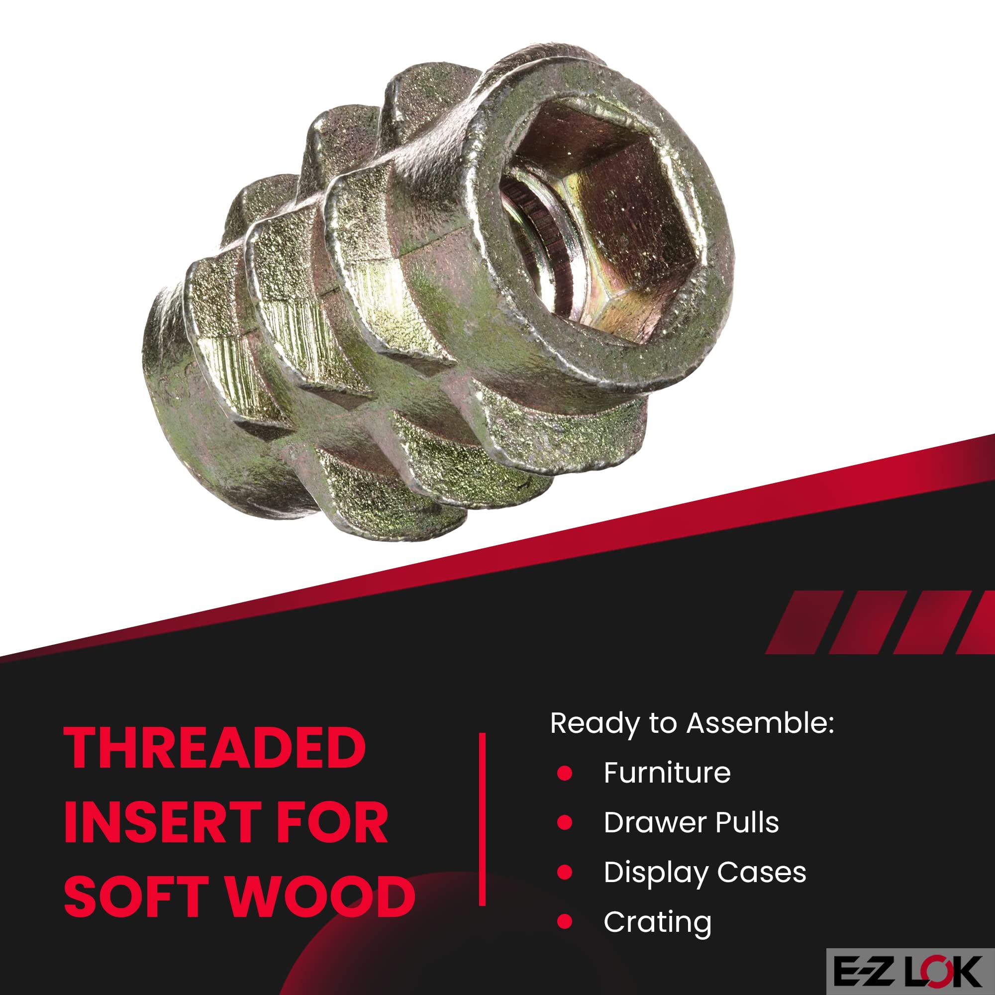 E-Z LOK Knife Threaded Insert for Soft Wood, Zinc Hex-Flush Thread Inserts 10-24 Internal Threads, 0.512