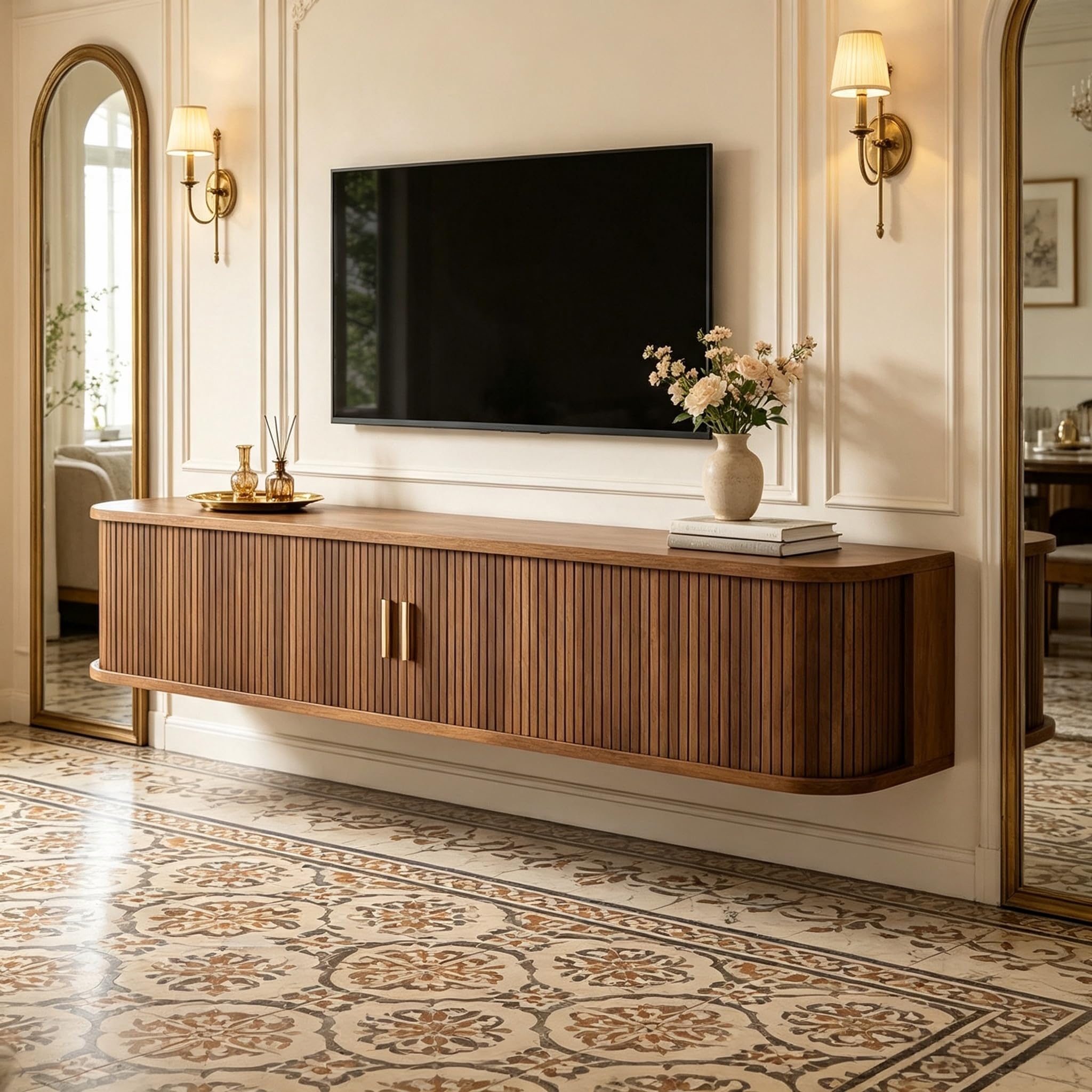 Wandhängendes TV-Lowboard 175x30x30 cm mit LED und Schiebetüren (Nussbaum)
