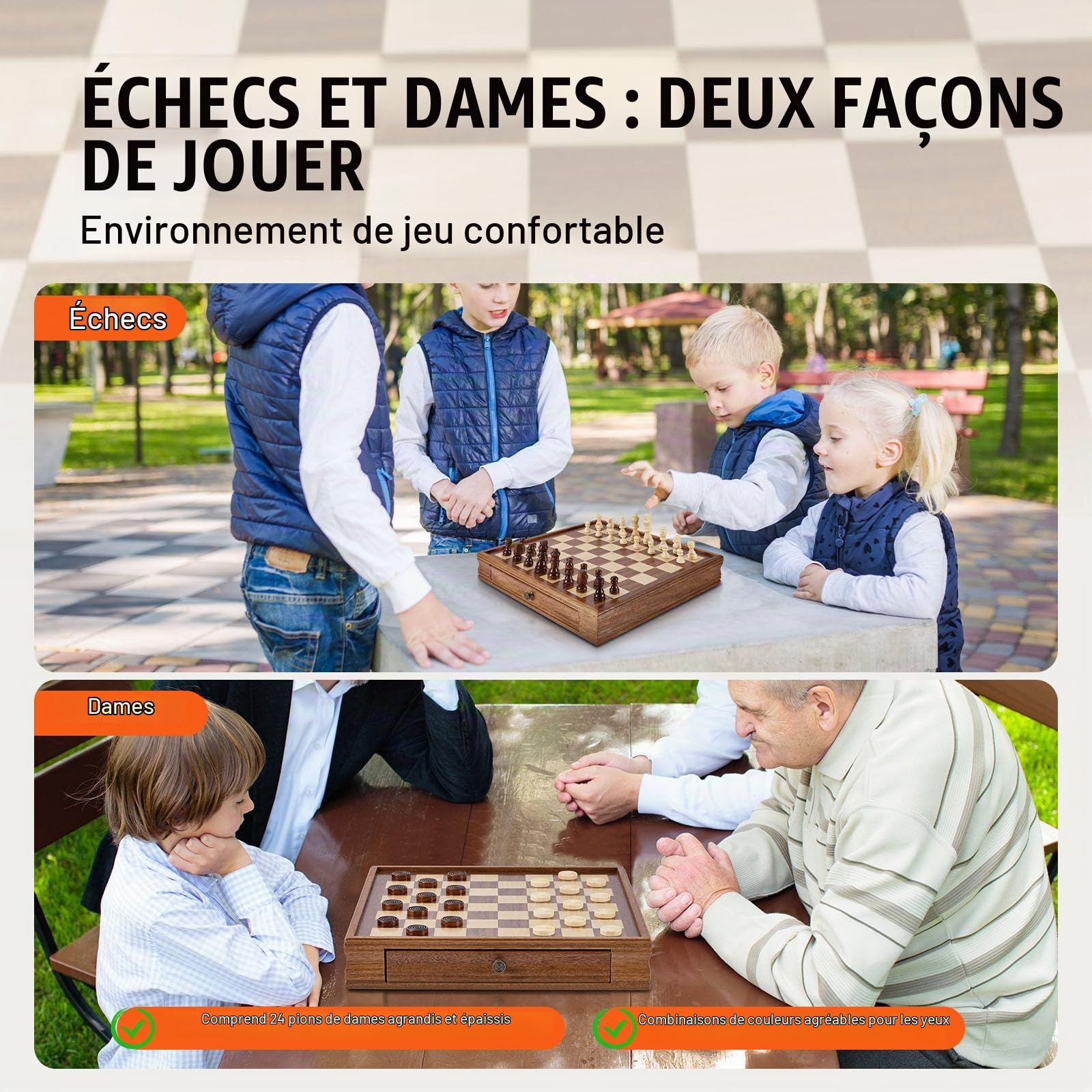 VEVOR Jeu d'échecs en Bois, 380 mm, Jeu d'échecs et de Dames 2 en 1, échiquier avec tiroir de Rangement, pièces de Dames d'échecs lestées et 2 Reines, pour Adultes, Enfants, Professionnels, débutants