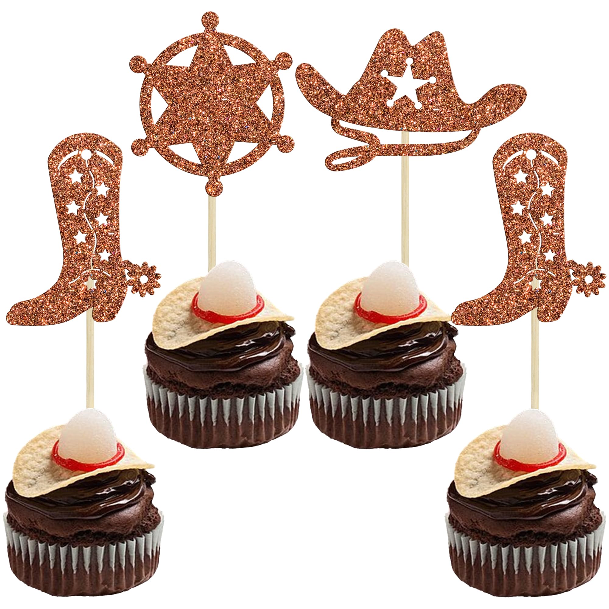 Gyufise 24Pcs Cowboy Cupcake Toppers Hat Boot Cupcake Picks Western Birthday Cowboy Party Decorations for Western Baby Shower Party Cake Decorations
