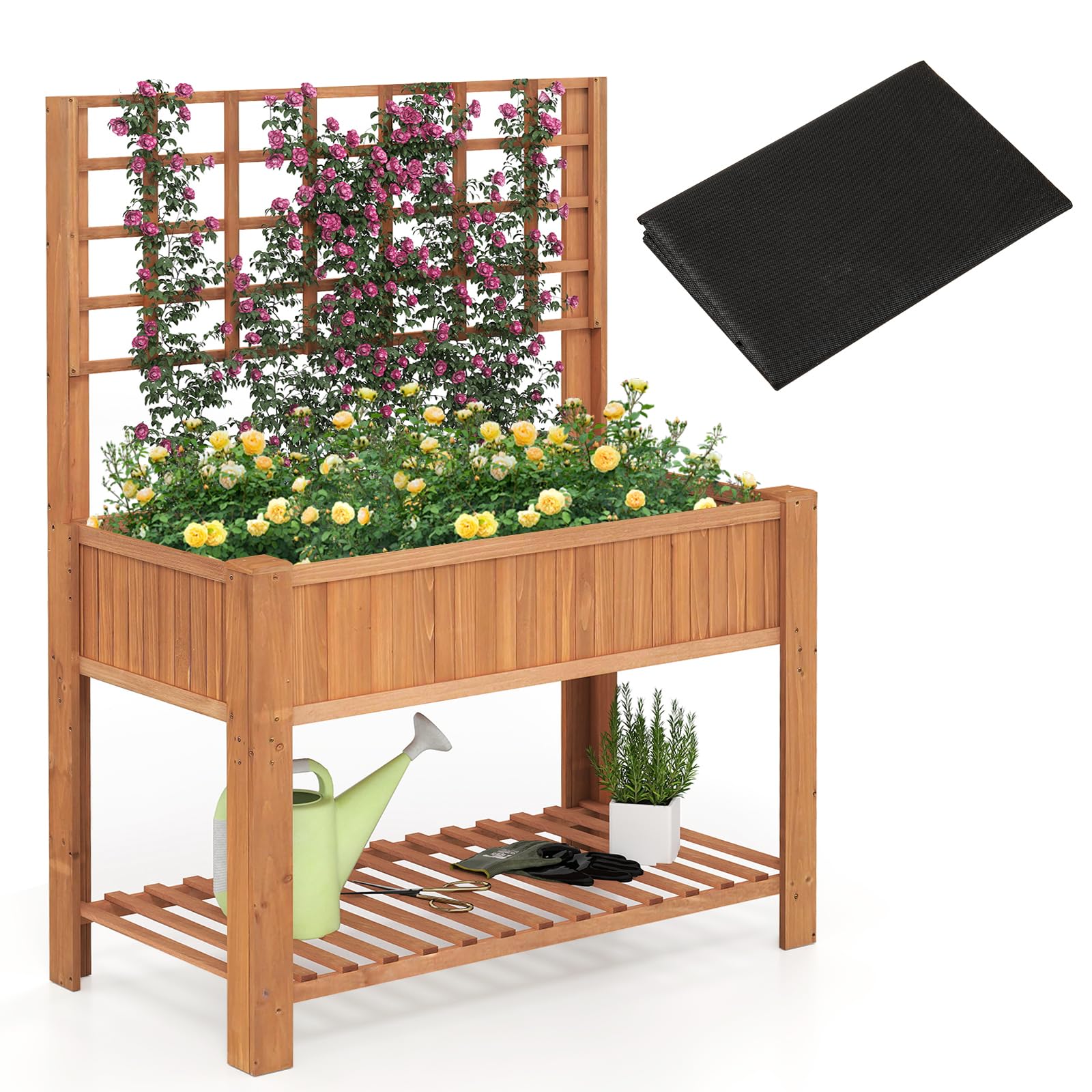 Cama de Jardín Elevada con Espaldera, Jardinera Elevada de Madera con Patas, Revestimiento, Estante de Almacenamiento y Agujeros de Drenaje para Plantas Trepadoras, Vides, Verduras, Hierbas (Marrón)