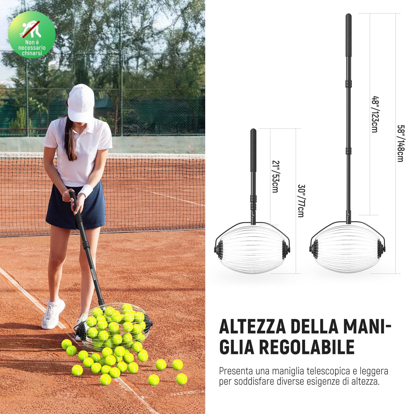 NEEWER Tramoggia per palline da tennis, 77-148 cm, telescopico per raccogliere palline da golf, pickleball, rullo per raccogliere palline da 3,8 - 7,6 cm, accessori e attrezzature per allenamento