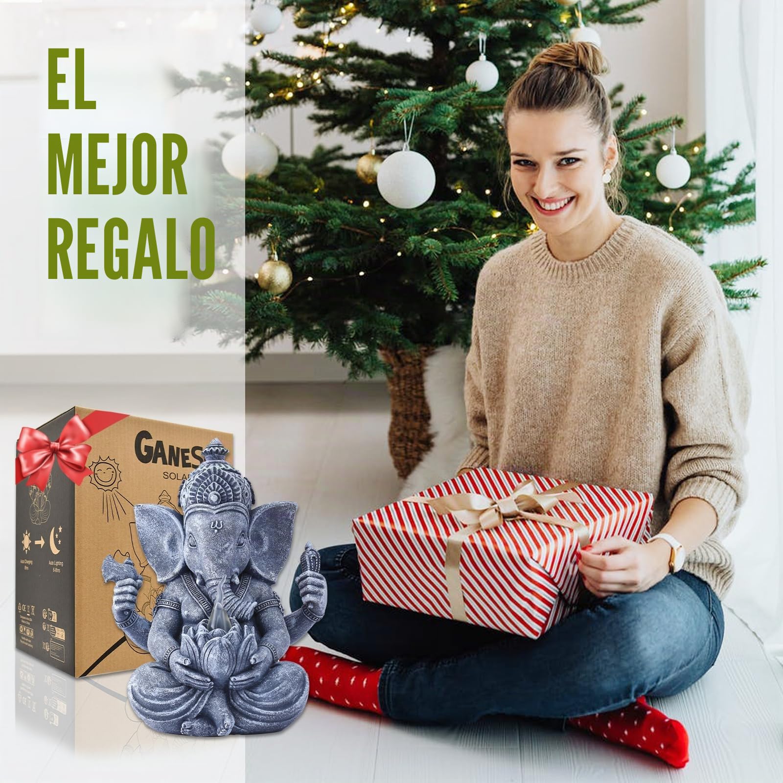 Yeomoo Figura de Ganesha Buda con luces solares para decoración de salón, escritorio, accesorios: Figura de Buda Zen de jardín Ganesha, regalos para hombres, mujeres, mamá, resistente a la intemperie