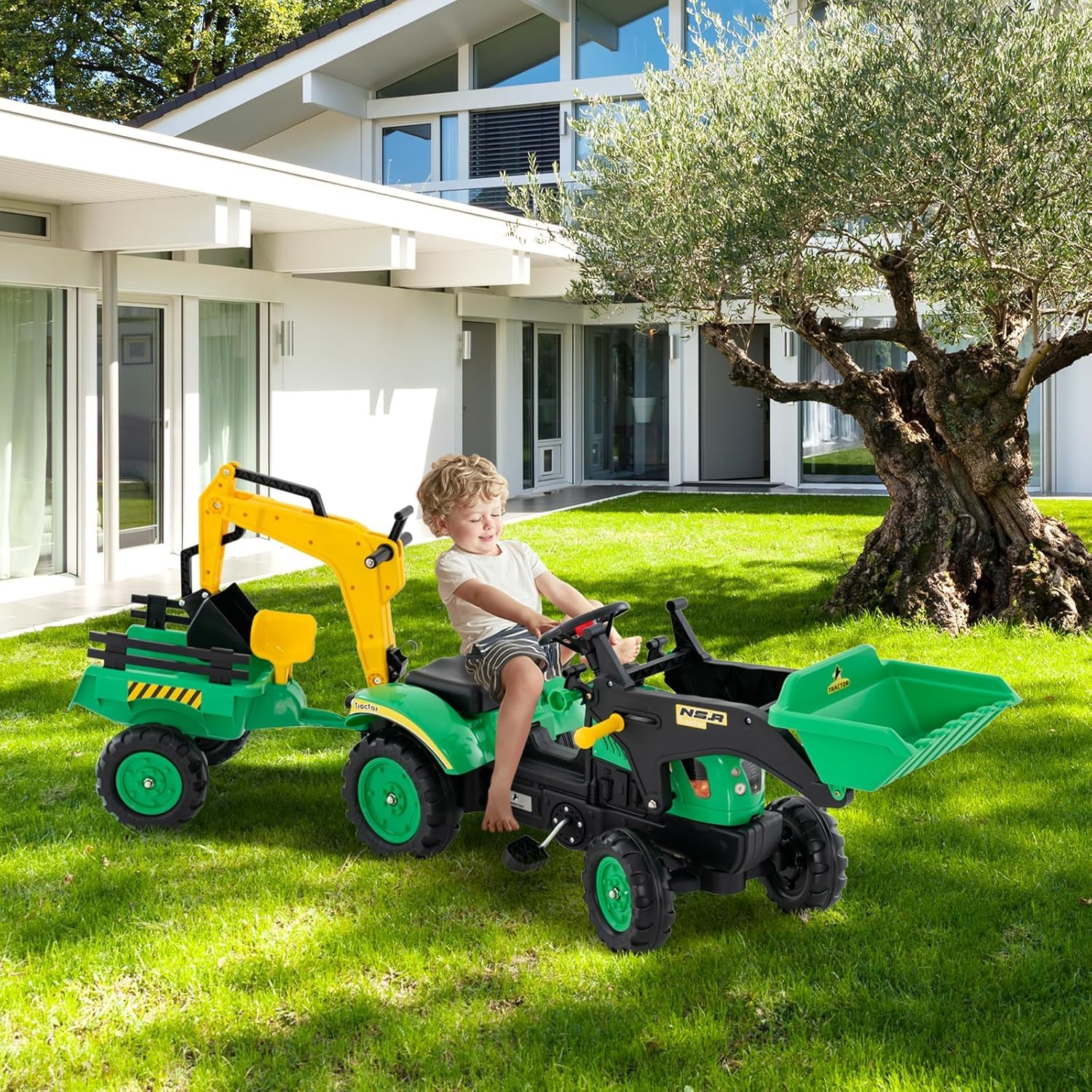 DREAMADE Trettraktor, Kindertraktor mit Anhänger & Schaufel & Frontlader, Kinderbagger Sitzbagger mit Hupe & Rechen, Tretfahrzeug für Kinder ab 3 Jahren (Grün)
