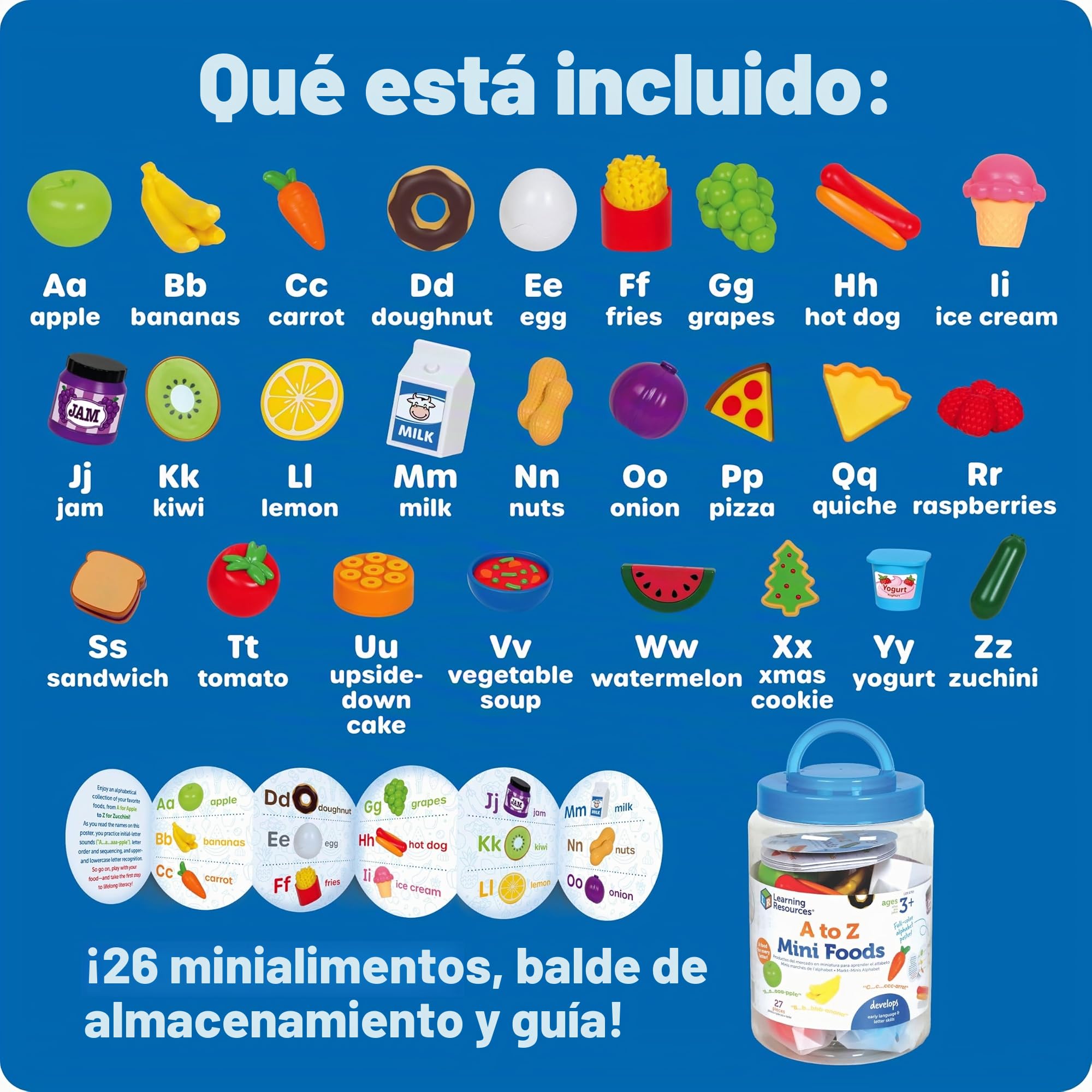 Learning Resources Alafabeto Mini Alimentos de la A à Z, Aprendizaje del Alfabeto y 26 Alimentos en Inglés, Envase Práctico de Almacenamiento, Guía Multilingüe, Juguete Educativo, Niños y Niñas 3 4 5+