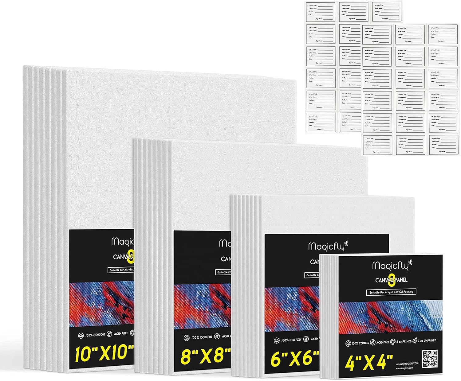 Magicfly Painting Canvas Panels, 4x4", 6x6", 8x8", 10x10" Set of 32 Canvas Boards for Painting, 100% Cotton, with Label Stickers and MDF Board Core, for Acrylic Paint, Oil Paint Dry & Wet Art Media