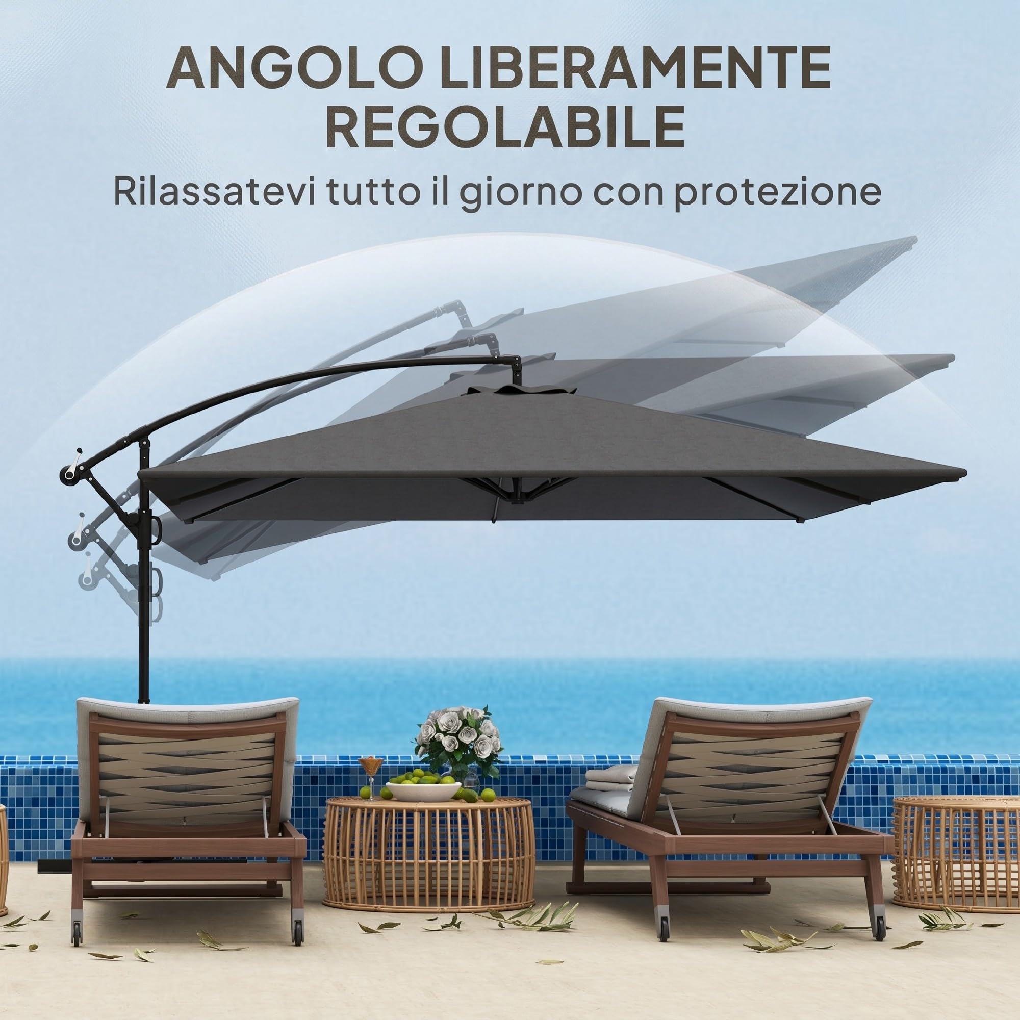 Outsunny Ombrellone Decentrato 2.8x3.8 m con Tettuccio Inclinabile Regolabile, Manovella e Prese d'Aria, Base a Croce, Ombrellone da Giardino in Metallo e Poliestere UV50+, Grigio
