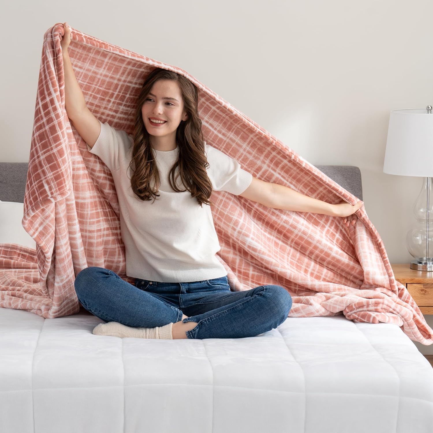 Berkshire Blanket-Classic Heavyweight Soft Printed VelvetLoft® Plush Blanket, Full/Queen Size Soft Fuzzy Warm Blanket for Couch Sofa Bed, Watercolor Plaid Blush, 90in x 90in - Image 2