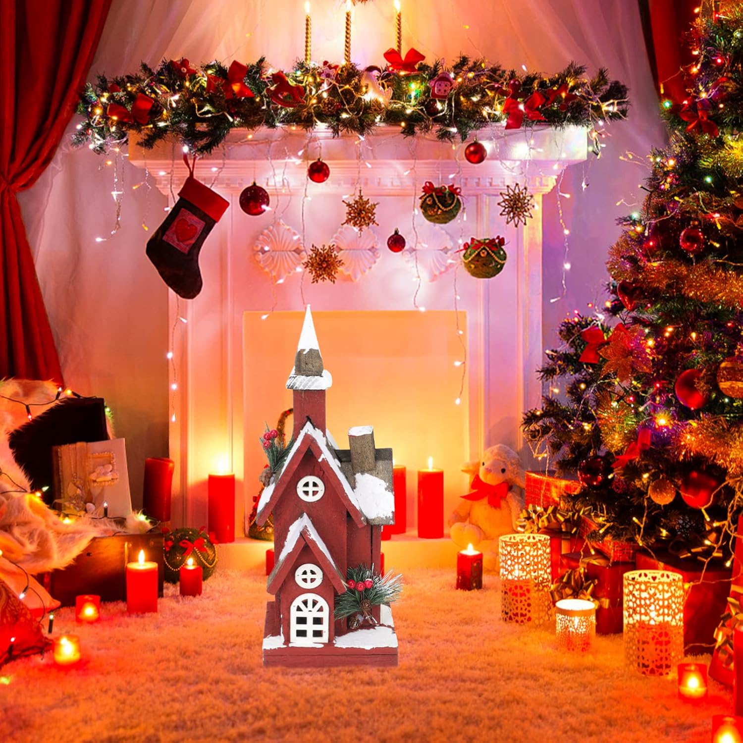 Christmas Decorations Mantle Decor Xmas Village House Light up Village Houses Light up Xmas Ornament Christmas Village Scene Christmas Log Cabin Red Decor Crafts Wooden Desktop