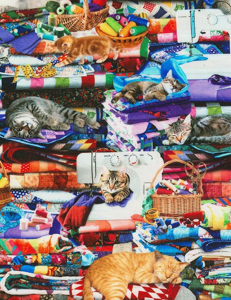 Timeless Treasures Fat Quarter Cats On Quilts Cotton Quilting Fabric Kitten Feline Sewing Machine