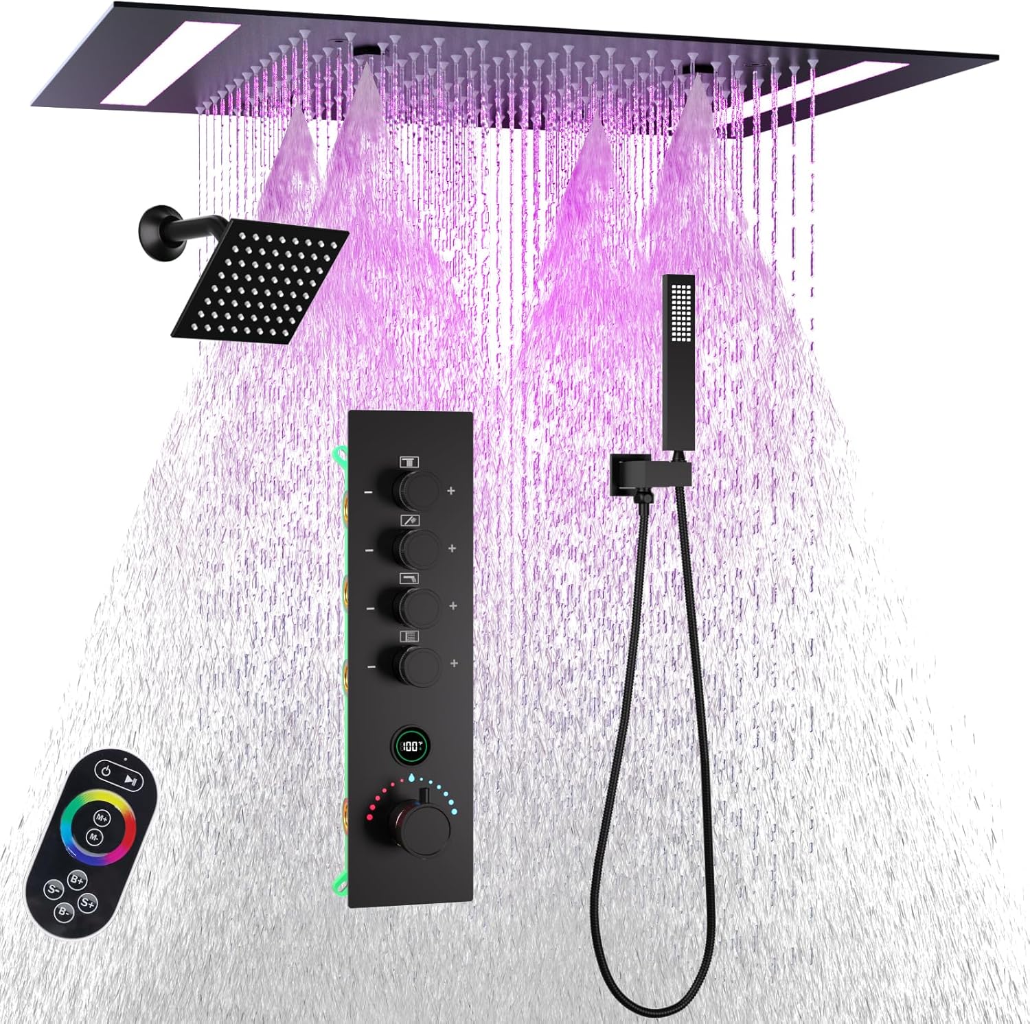 Luxury Thermostatic Digital Spa Shower System: 20x14in LED Rainfall Mist Shower w/Remote Control and 6in Dual Rainfall Heads, Brass Handheld, Black Rain Mist Spa Shower Matte Black