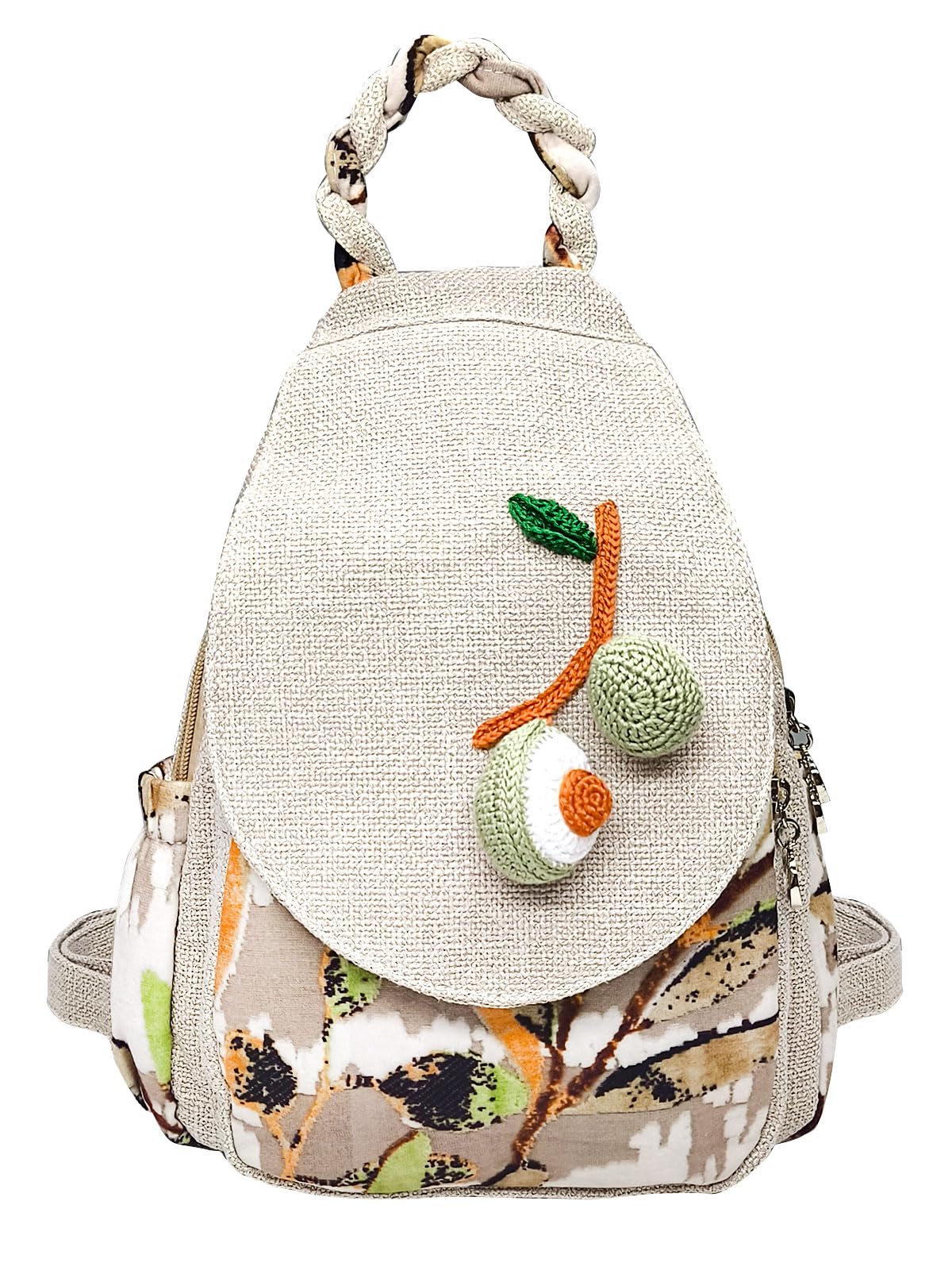 POPUCT Cute Small Cotton Hand Craft Backpack Purse Mini Multi Pocket Casual Daypack for Women(white avocado)